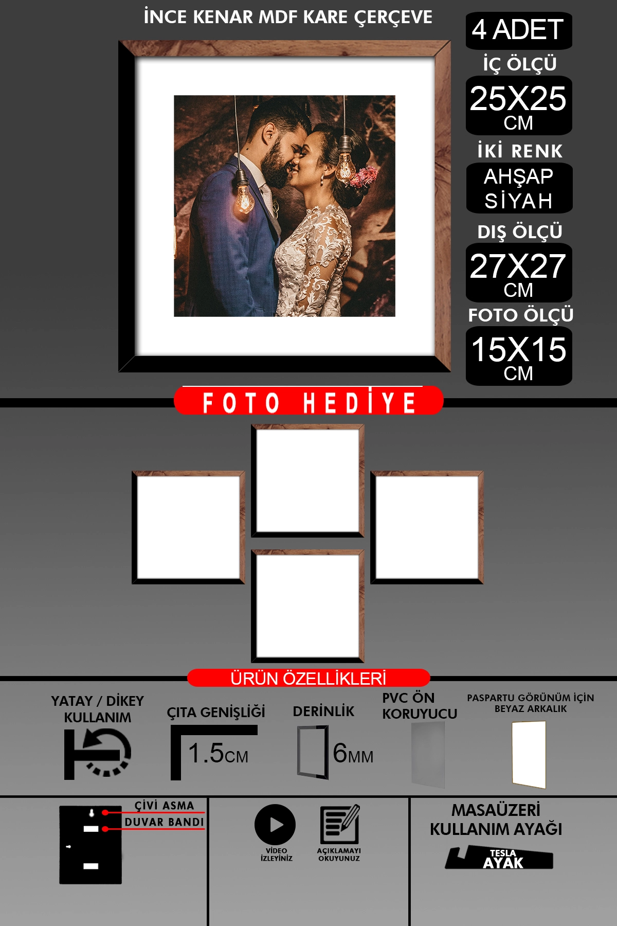 4 Adet 25x25 Çerçeve - İnce Çıtalı Çerçeve -Kare Çerçeve Fotoğraf Çerçevesi