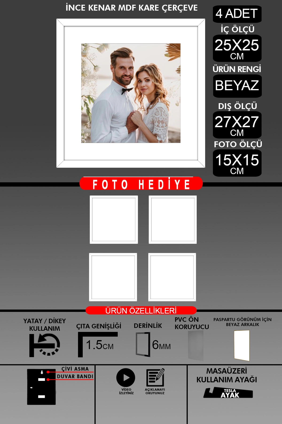 4 Adet 25x25 Çerçeve - İnce Çıtalı Çerçeve -Kare Çerçeve Fotoğraf Çerçevesi