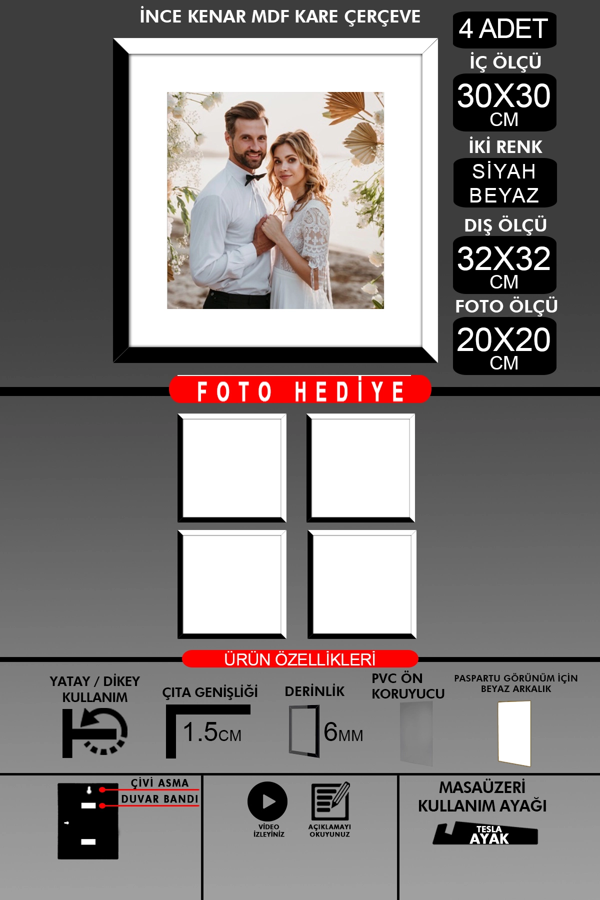 4 Adet 30x30 Çerçeve - İnce Çıtalı Çerçeve -Kare Çerçeve - Fotoğraf Çerçevesi