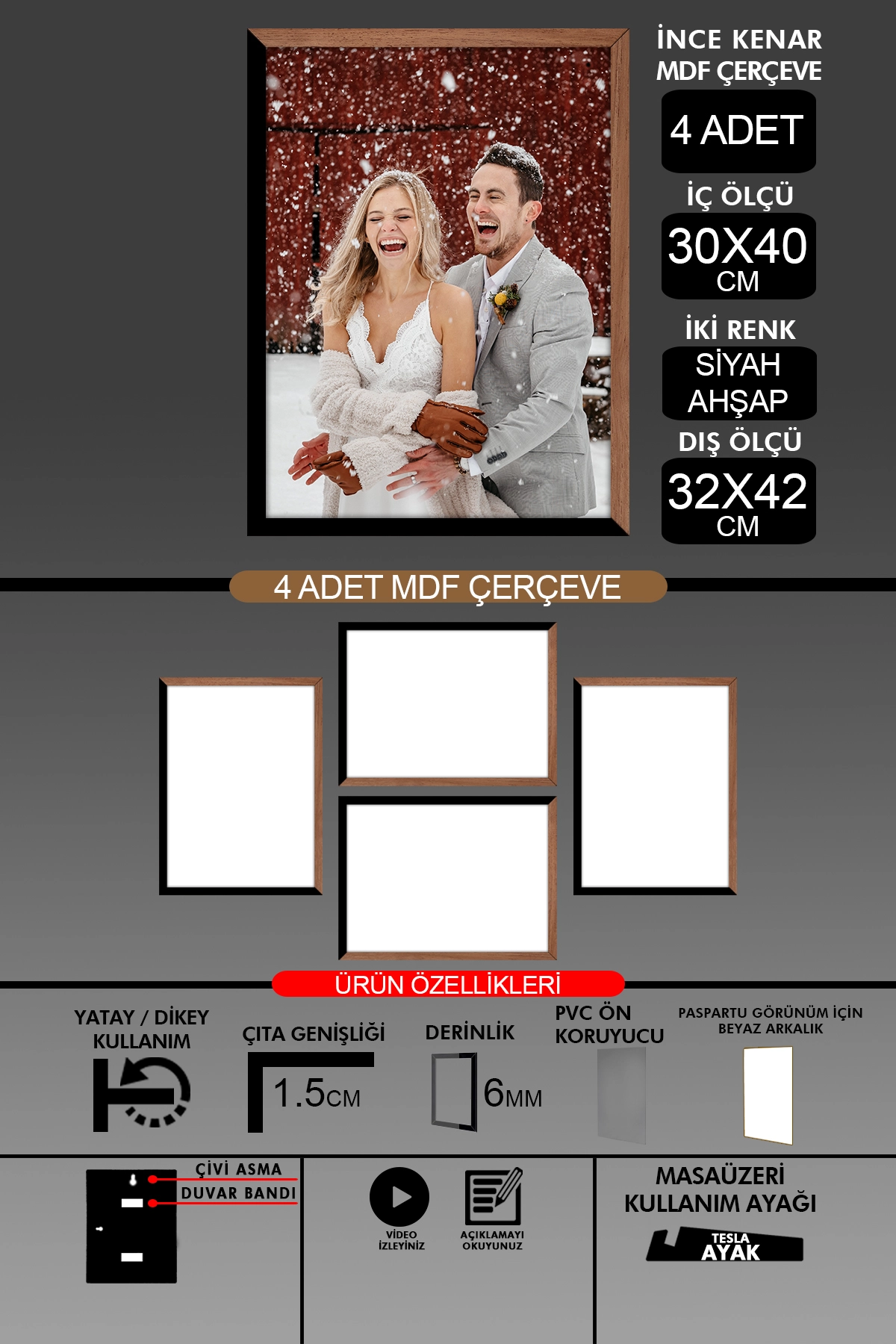 4 Adet 30x40 Çerçeve - İnce Çıtalı A3 Çerçeve - 6mm Fotoğraf Çerçevesi