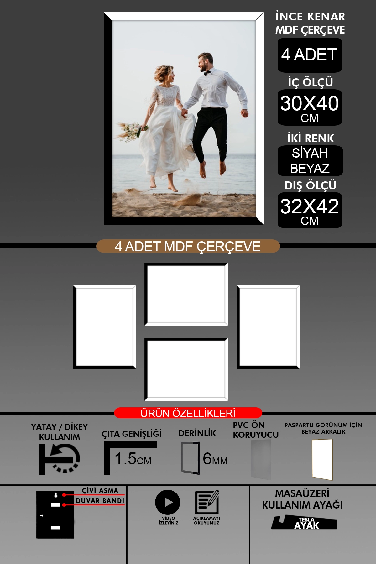 4 Adet 30x40 Çerçeve - İnce Çıtalı A3 Çerçeve - 6mm Fotoğraf Çerçevesi