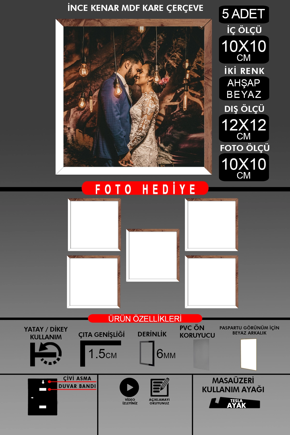 5 Adet 10X10 Çerçeve - İnce Çıtalı Çerçeve - Kare Çerçeve - Fotoğraf Çerçevesi