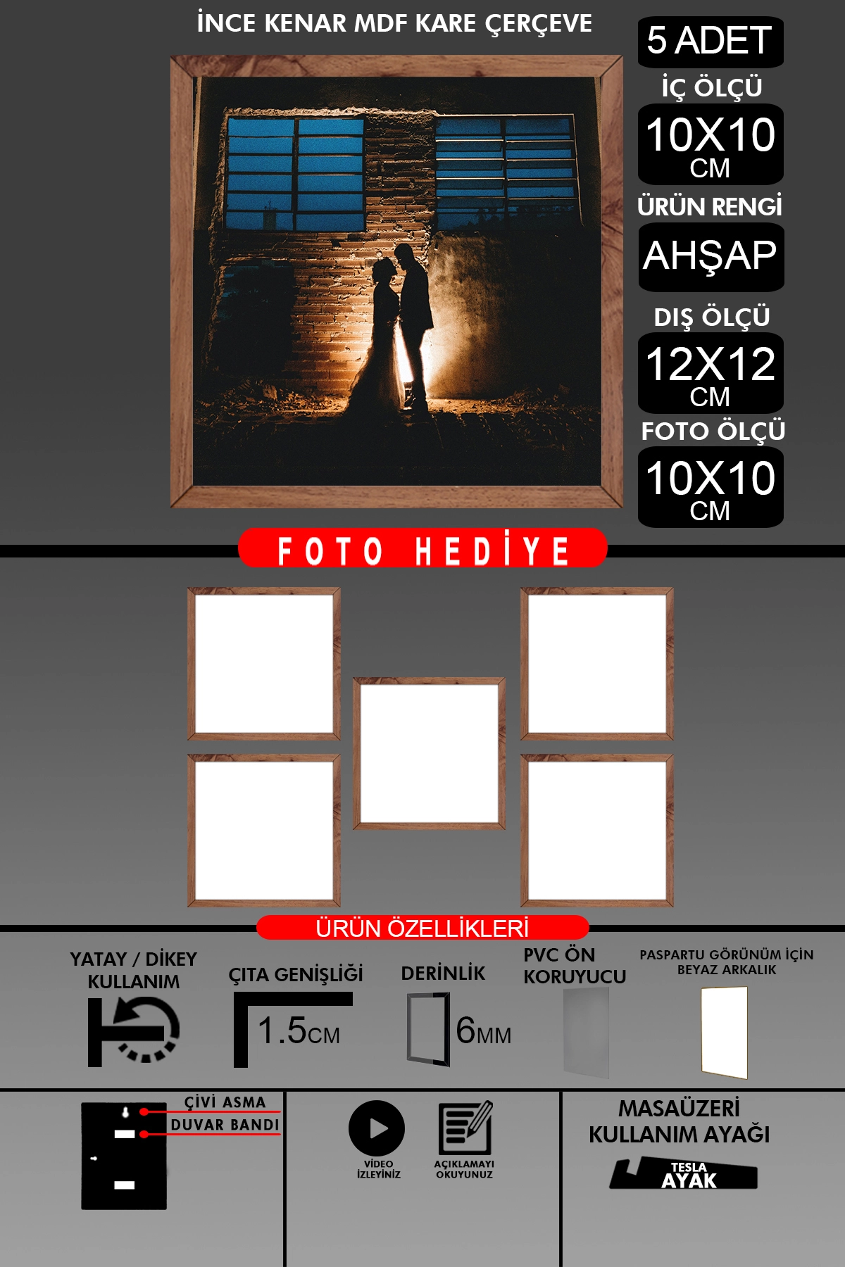 5 Adet 10X10 Çerçeve - İnce Çıtalı Çerçeve - Kare Çerçeve - Fotoğraf Çerçevesi
