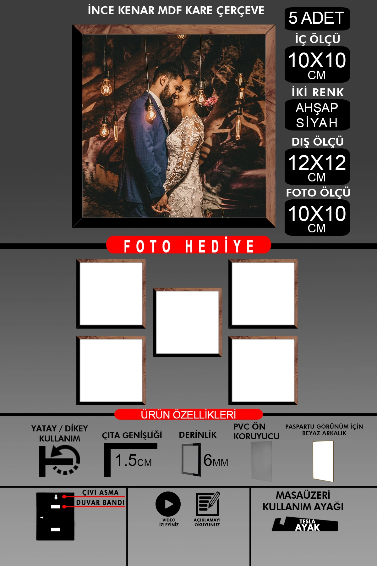 5 Adet 10X10 Çerçeve - İnce Çıtalı Çerçeve - Kare Çerçeve - Fotoğraf Çerçevesi