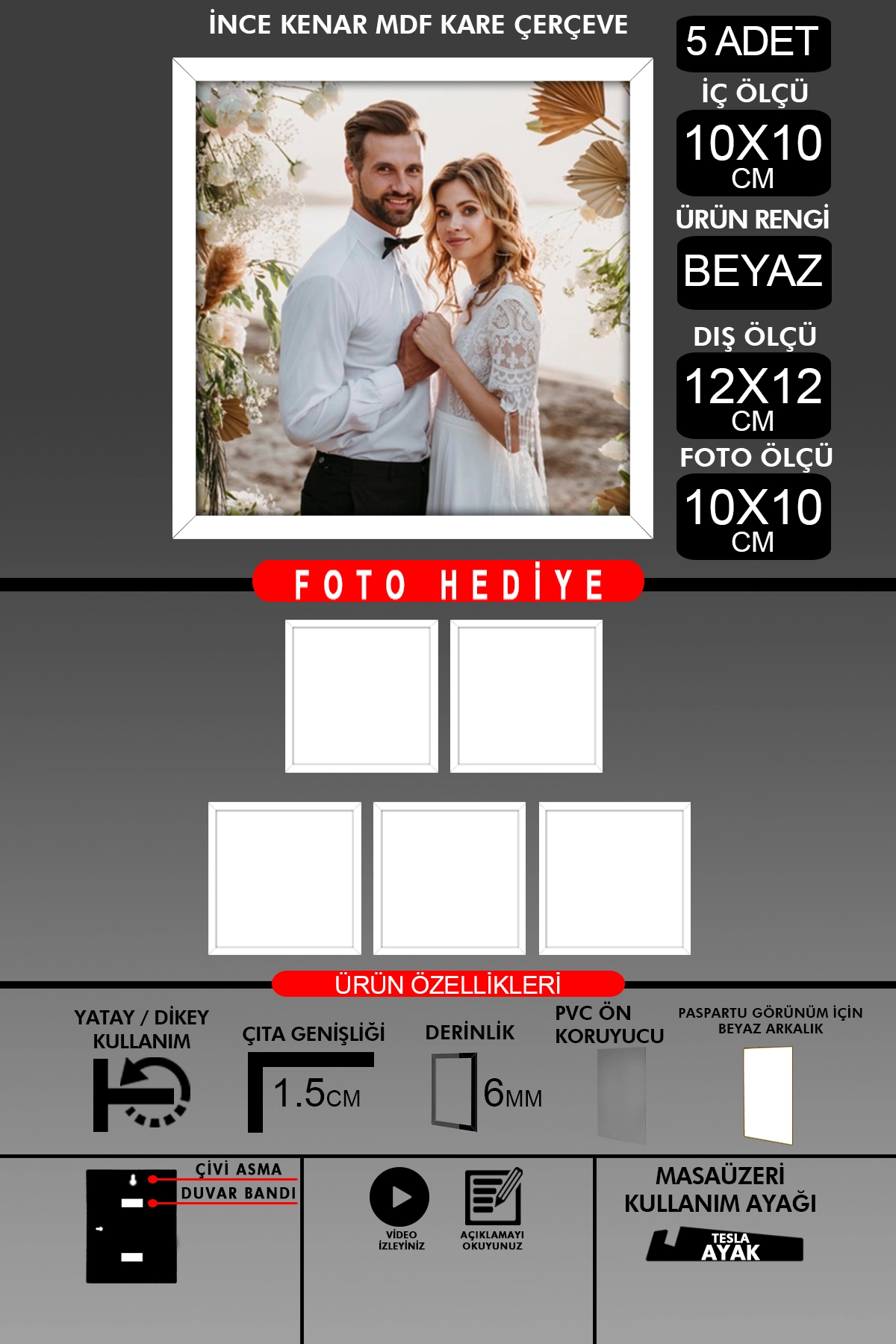 5 Adet 10X10 Çerçeve - İnce Çıtalı Çerçeve - Kare Çerçeve - Fotoğraf Çerçevesi