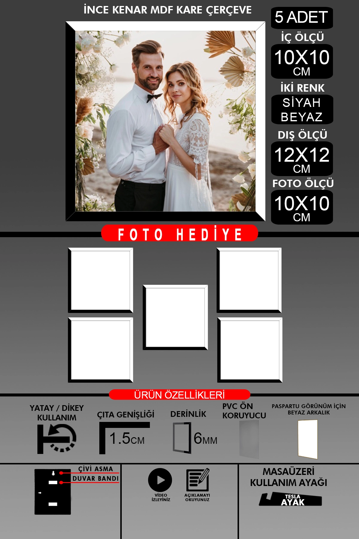 5 Adet 10X10 Çerçeve - İnce Çıtalı Çerçeve - Kare Çerçeve - Fotoğraf Çerçevesi