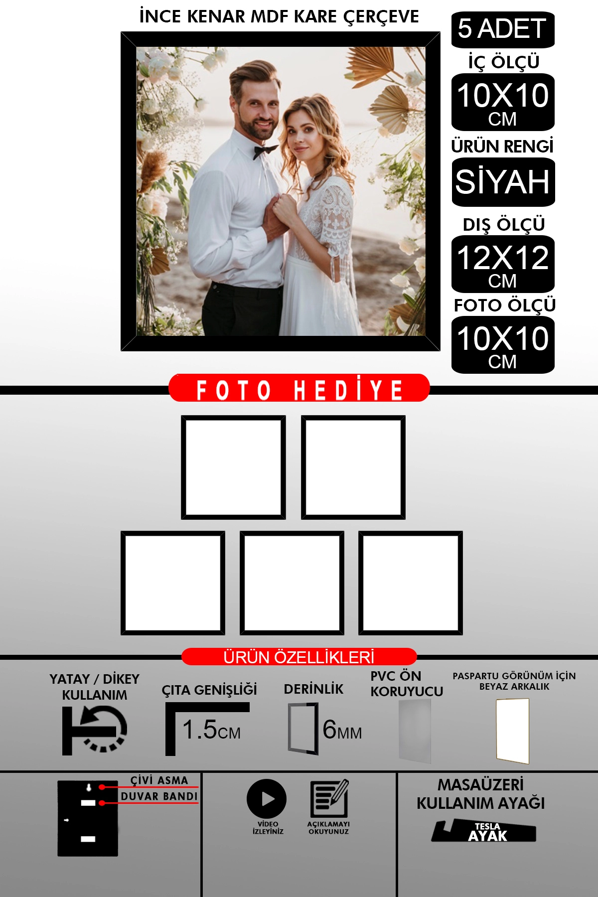 5 Adet 10X10 Çerçeve - İnce Çıtalı Çerçeve - Kare Çerçeve - Fotoğraf Çerçevesi