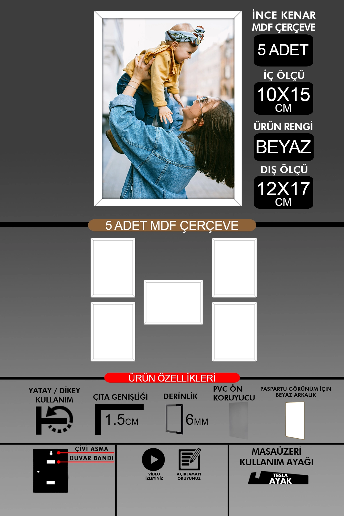 5 Adet 10x15 Çerçeve - İnce Çıtalı Çerçeve- 6mm Çerçeve Fotoğraf Çerçevesi