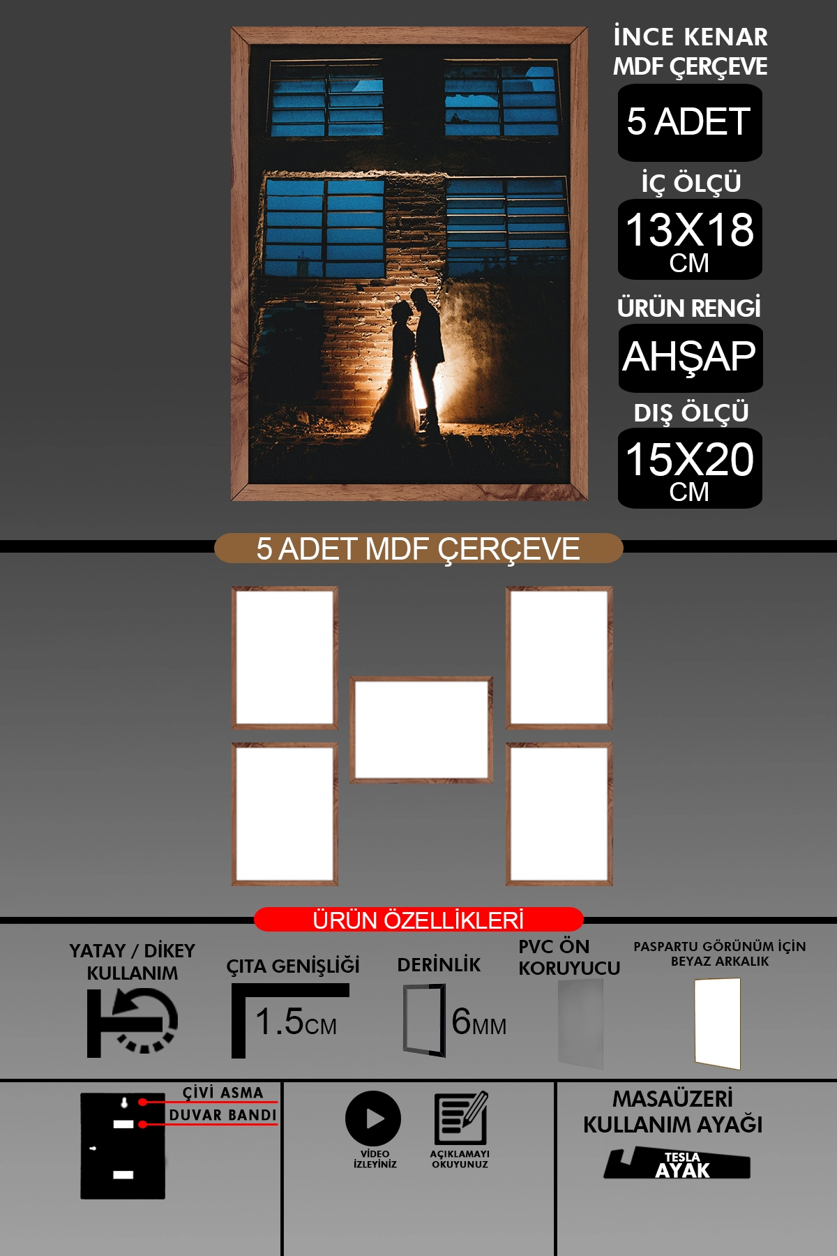 5  Adet 13x18 Çerçeve - İnce Çıtalı Çerçeve- 6mm Çerçeve Fotoğraf Çerçevesi