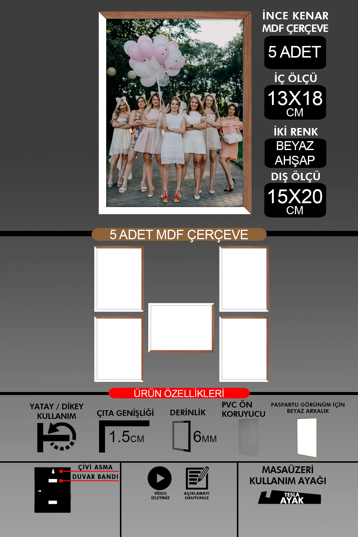 5  Adet 13x18 Çerçeve - İnce Çıtalı Çerçeve- 6mm Çerçeve Fotoğraf Çerçevesi
