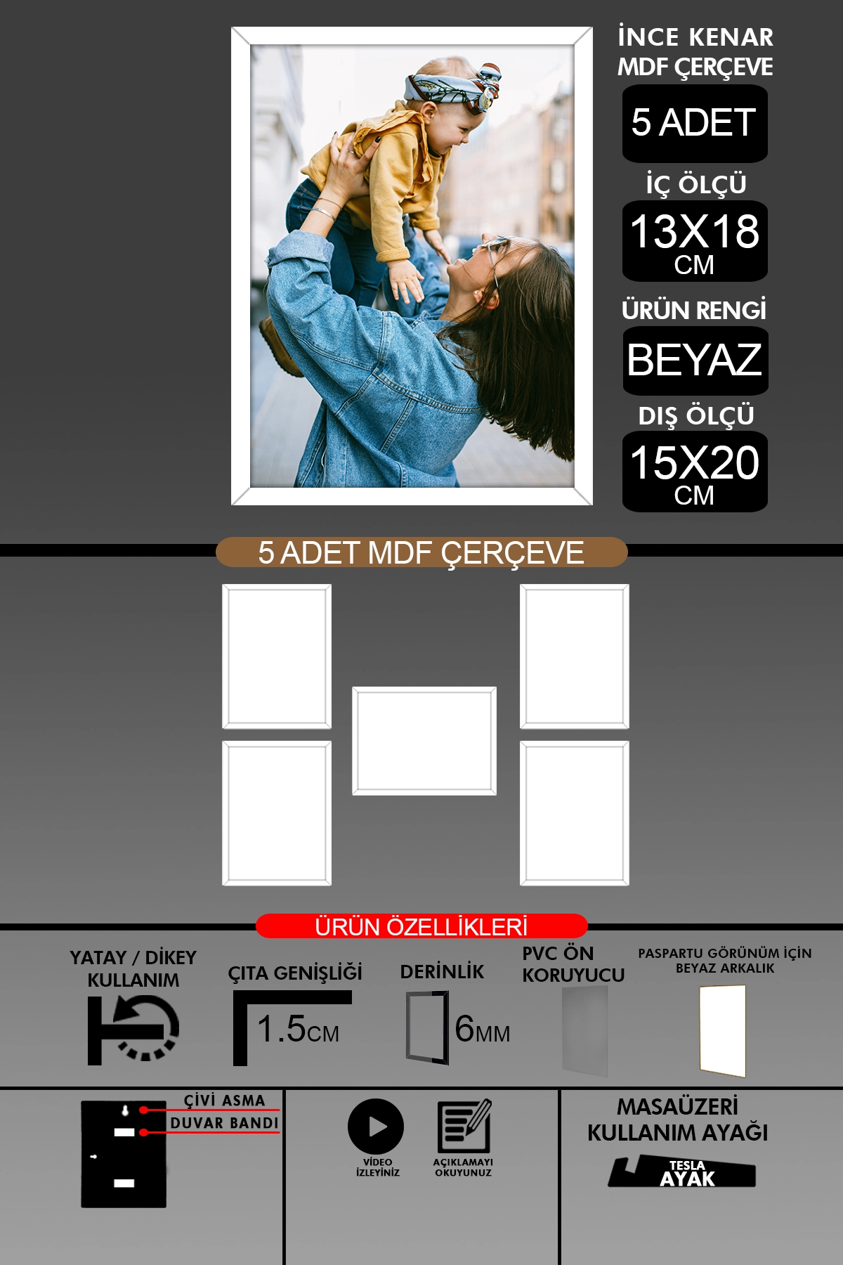 5  Adet 13x18 Çerçeve - İnce Çıtalı Çerçeve- 6mm Çerçeve Fotoğraf Çerçevesi