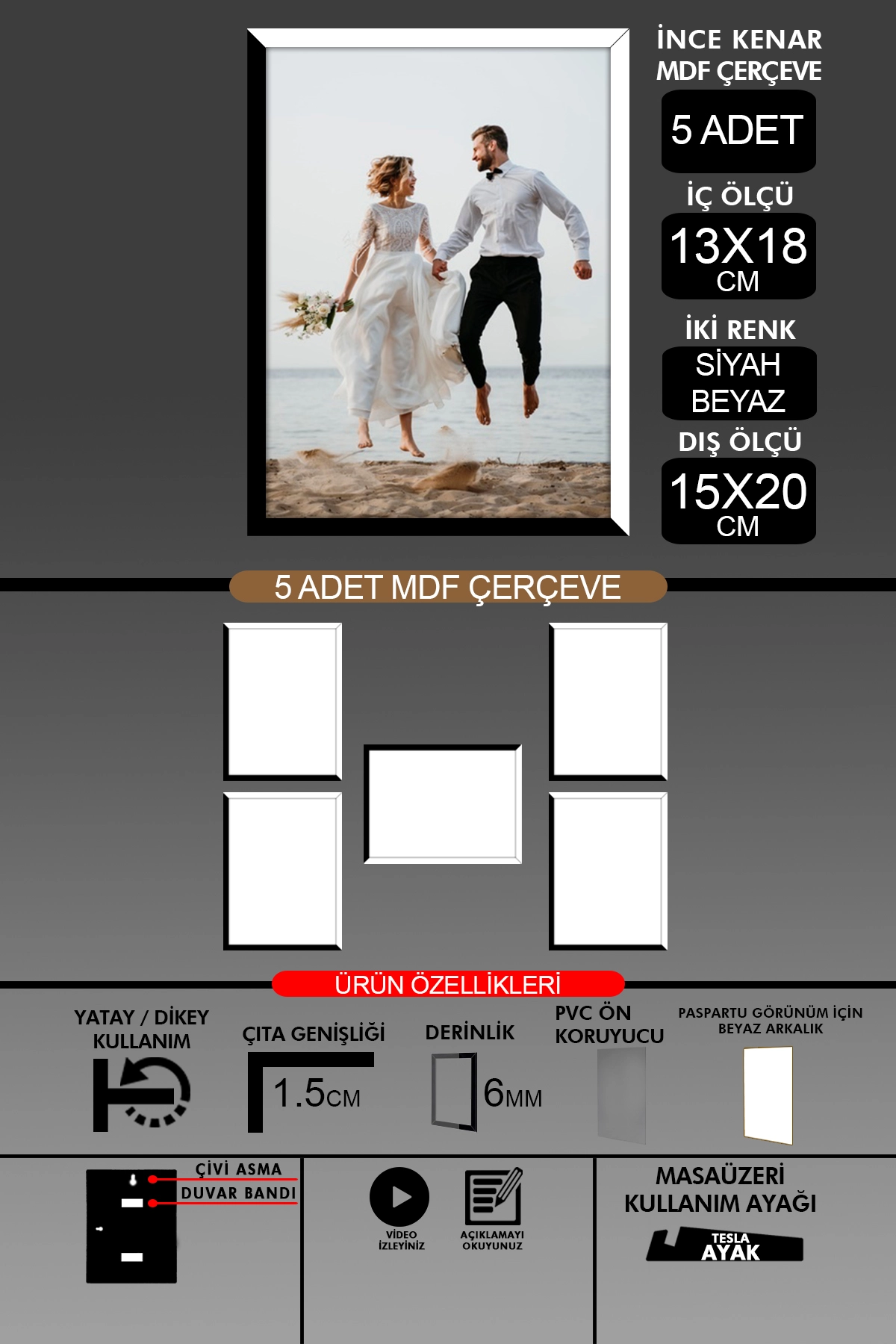 5  Adet 13x18 Çerçeve - İnce Çıtalı Çerçeve- 6mm Çerçeve Fotoğraf Çerçevesi
