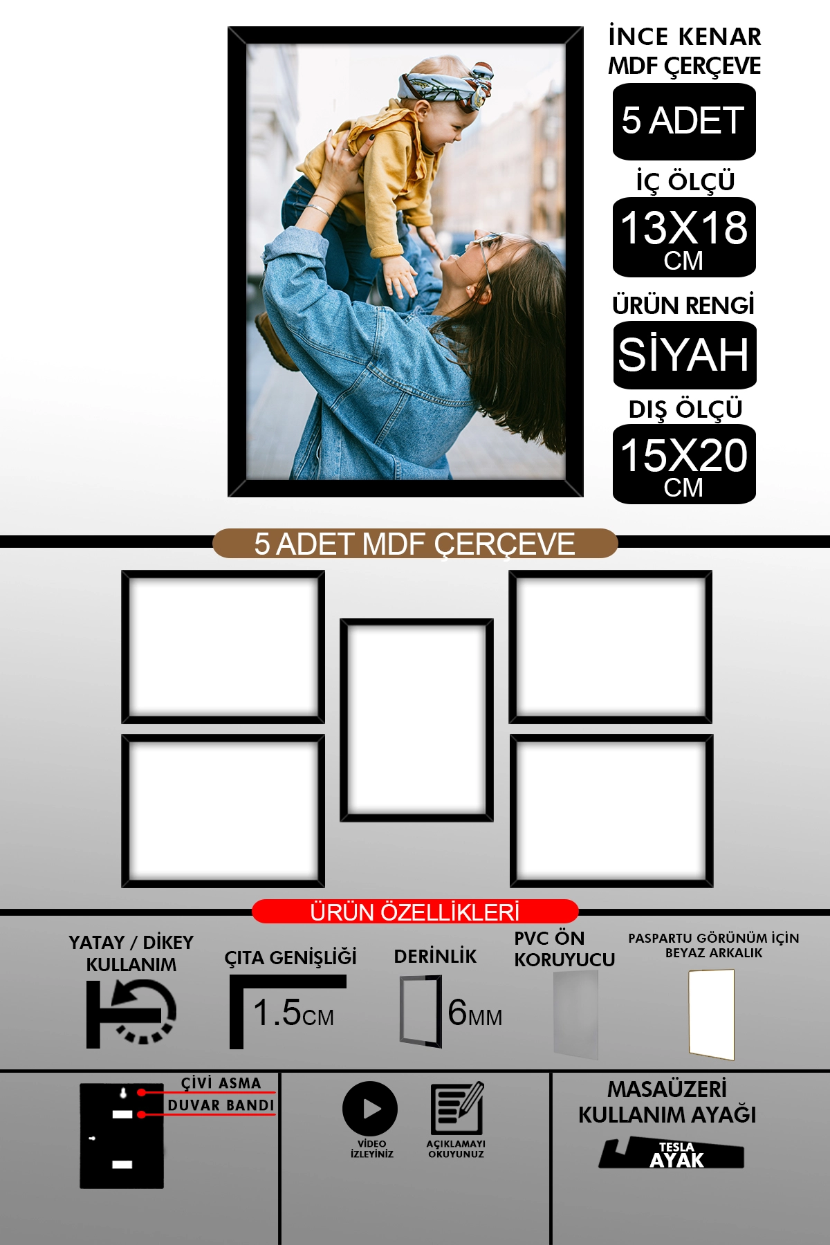 5  Adet 13x18 Çerçeve - İnce Çıtalı Çerçeve- 6mm Çerçeve Fotoğraf Çerçevesi