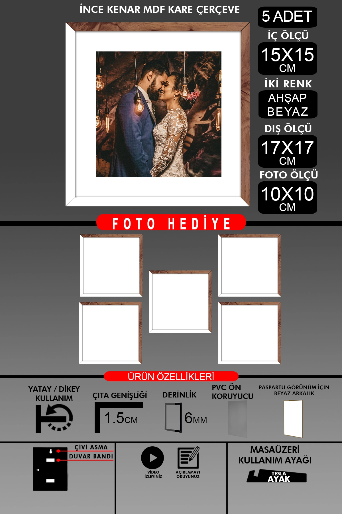 5 Adet 15x15 Çerçeve - İnce Çıtalı Çerçeve - Kare Çerçeve - Fotoğraf Çerçevesi