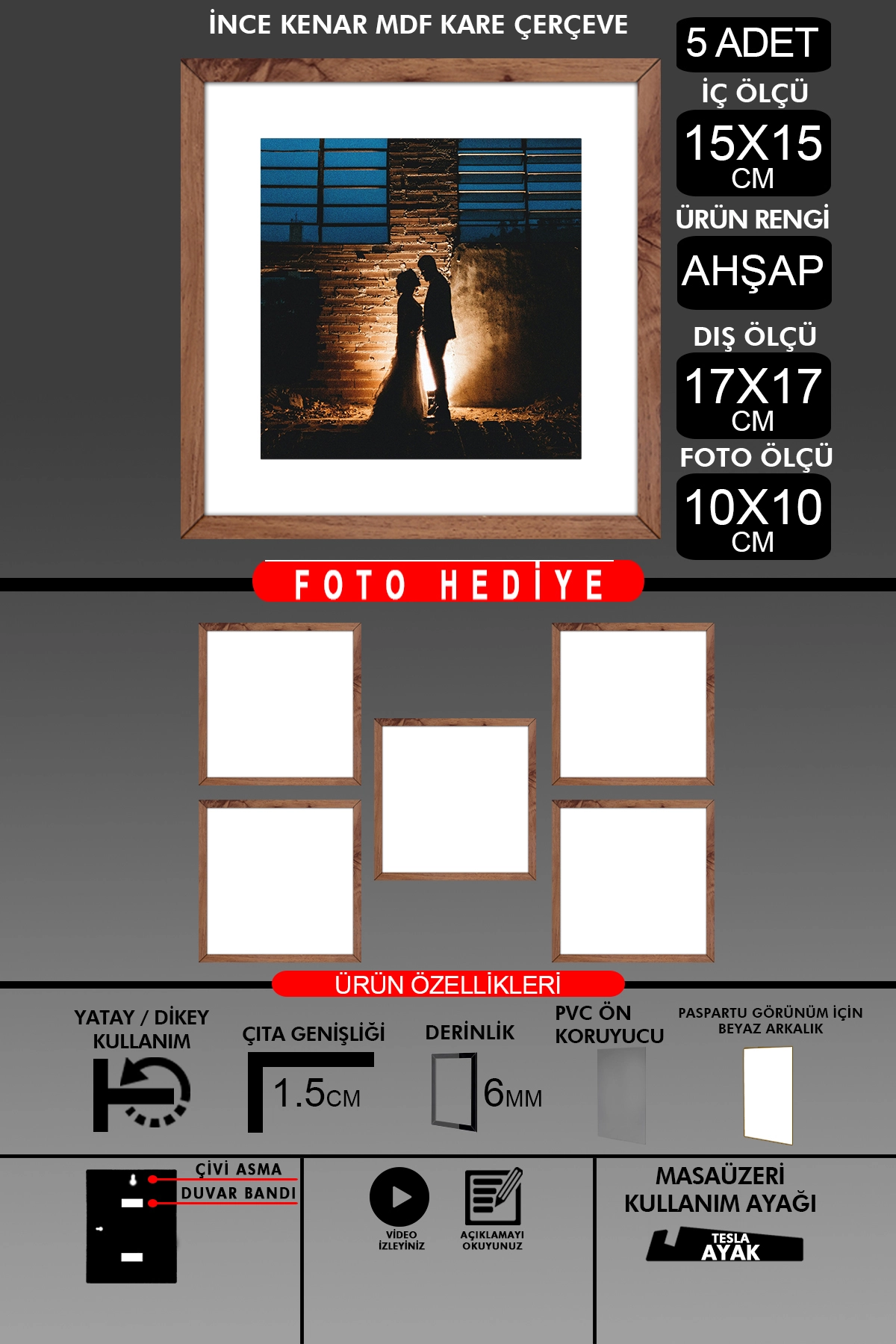 5 Adet 15x15 Çerçeve - İnce Çıtalı Çerçeve - Kare Çerçeve - Fotoğraf Çerçevesi