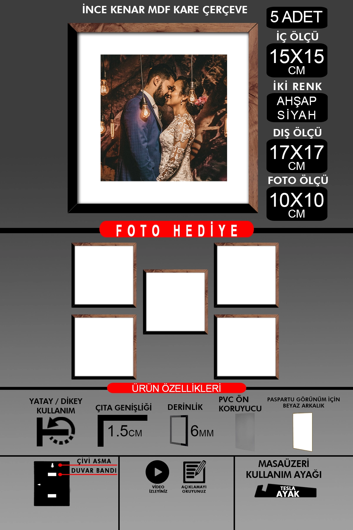 5 Adet 15x15 Çerçeve - İnce Çıtalı Çerçeve - Kare Çerçeve - Fotoğraf Çerçevesi