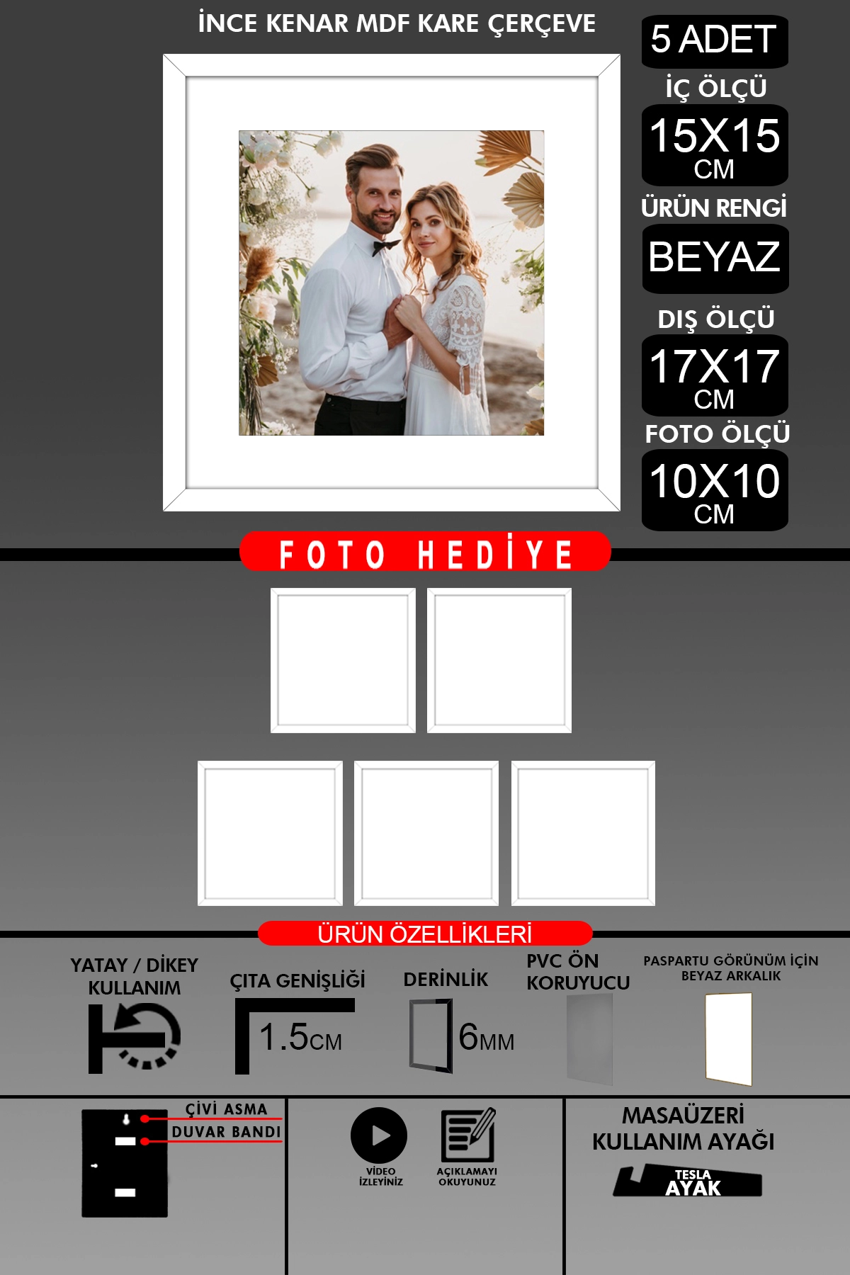 5 Adet 15x15 Çerçeve - İnce Çıtalı Çerçeve - Kare Çerçeve - Fotoğraf Çerçevesi