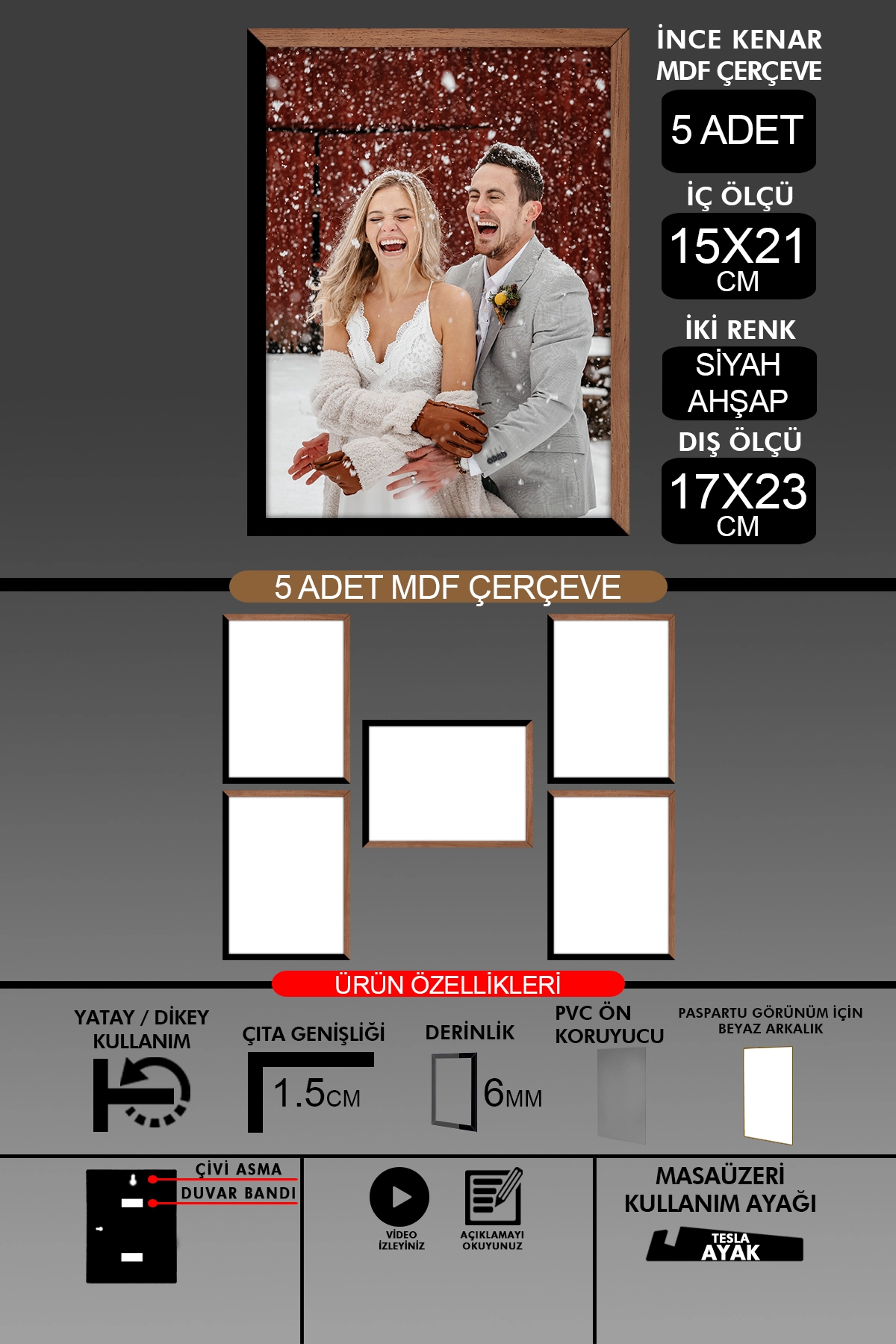 5 Adet 15x21 Çerçeve - İnce Çıtalı A5 Çerçeve - 6mm - Fotoğraf Çerçevesi