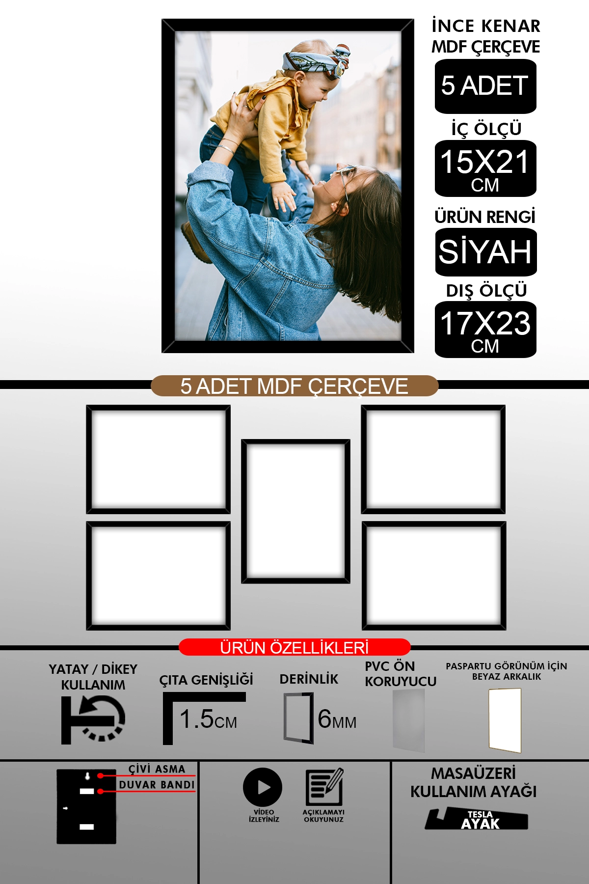4 Adet 15x21 Çerçeve - İnce Çıtalı A5 Çerçeve - 6mm - Fotoğraf Çerçevesi