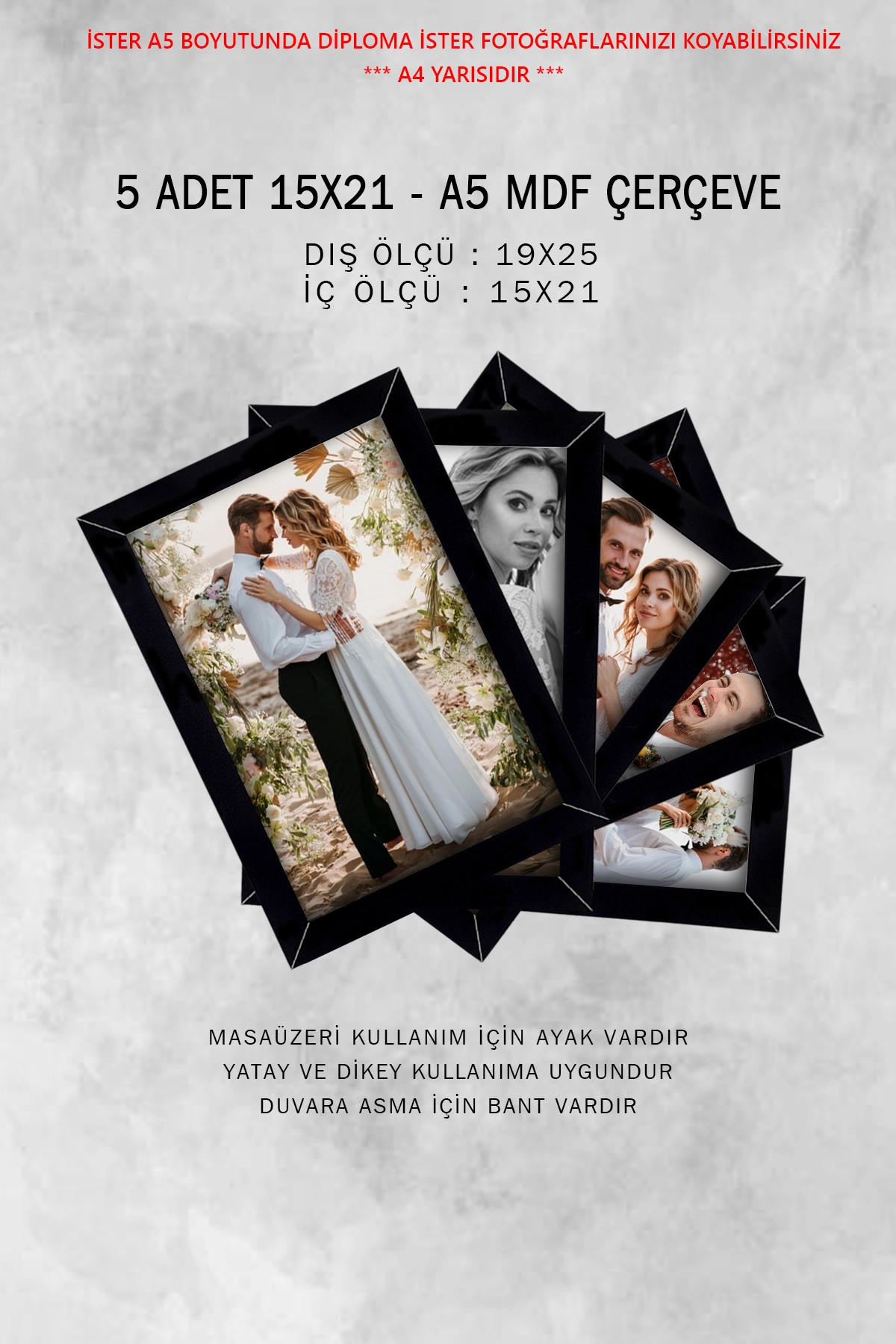 5 ADET 15x21 MDF ÇERÇEVE - DİKDÖRTGEN ÇERÇEVE Fotoğraf Çerçevesi