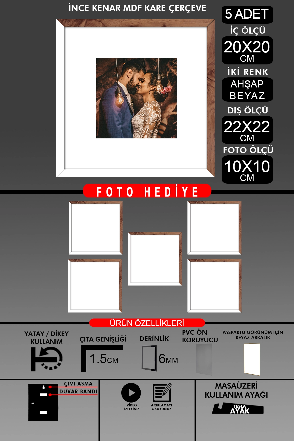 5 Adet 20x20 Çerçeve - İnce Çıtalı Çerçeve - Kare Çerçeve - Fotoğraf Çerçevesi