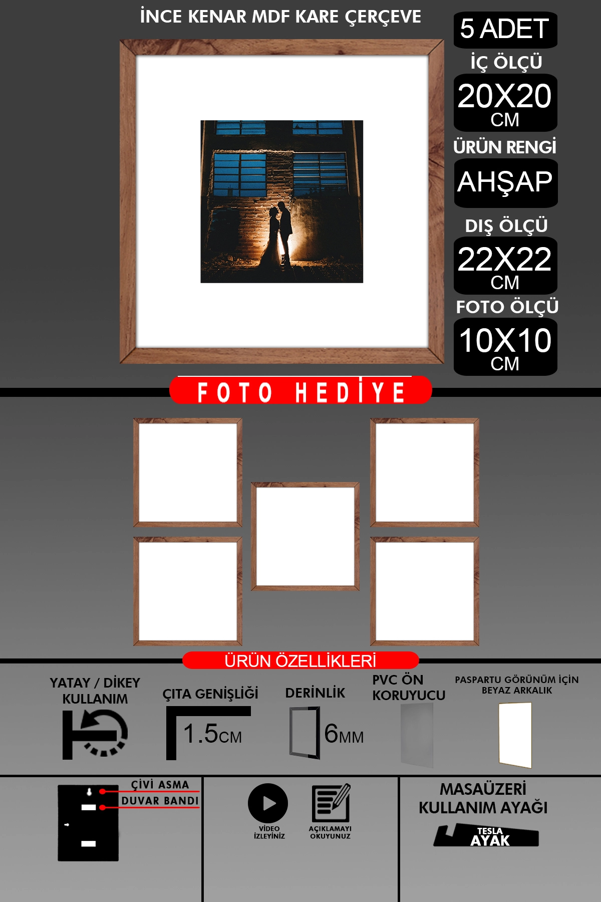 5 Adet 20x20 Çerçeve - İnce Çıtalı Çerçeve - Kare Çerçeve - Fotoğraf Çerçevesi