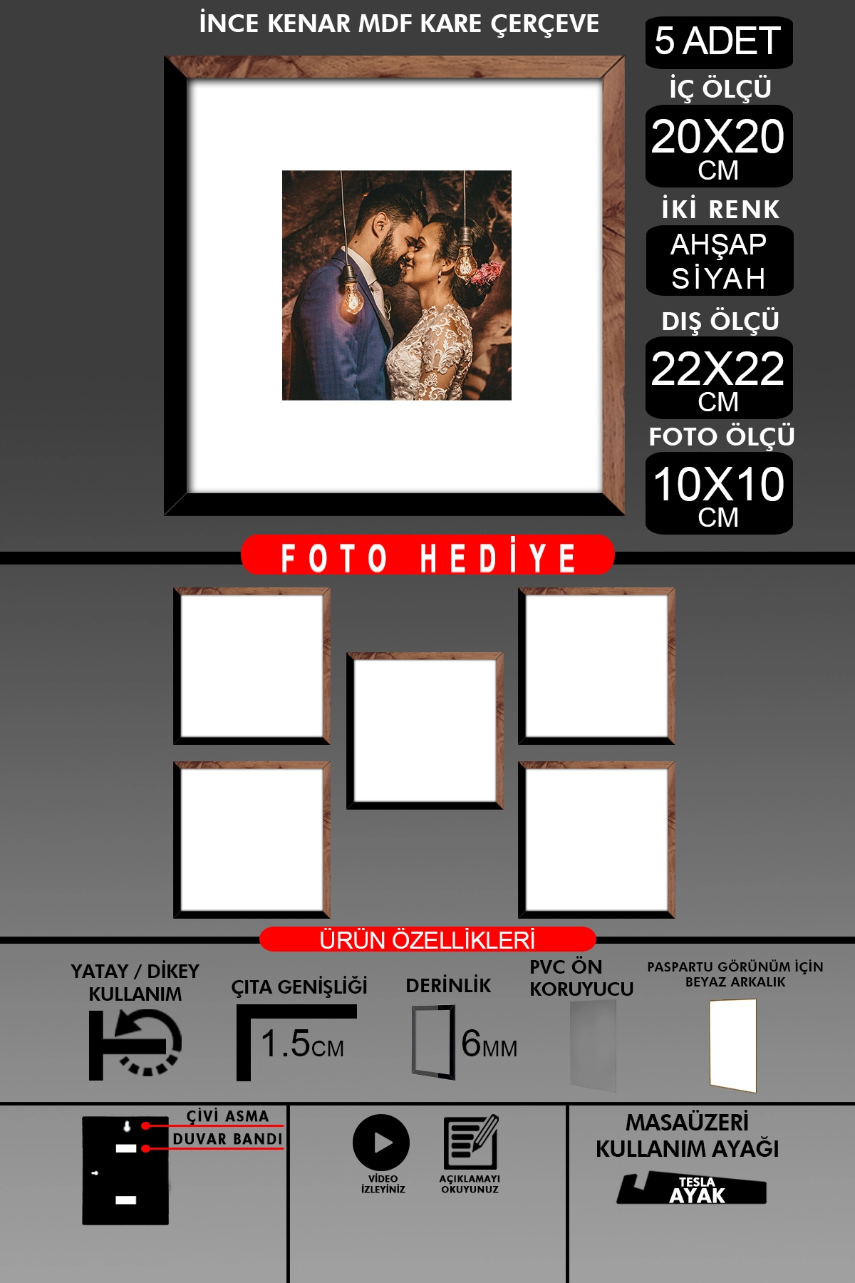 5 Adet 20x20 Çerçeve - İnce Çıtalı Çerçeve - Kare Çerçeve - Fotoğraf Çerçevesi