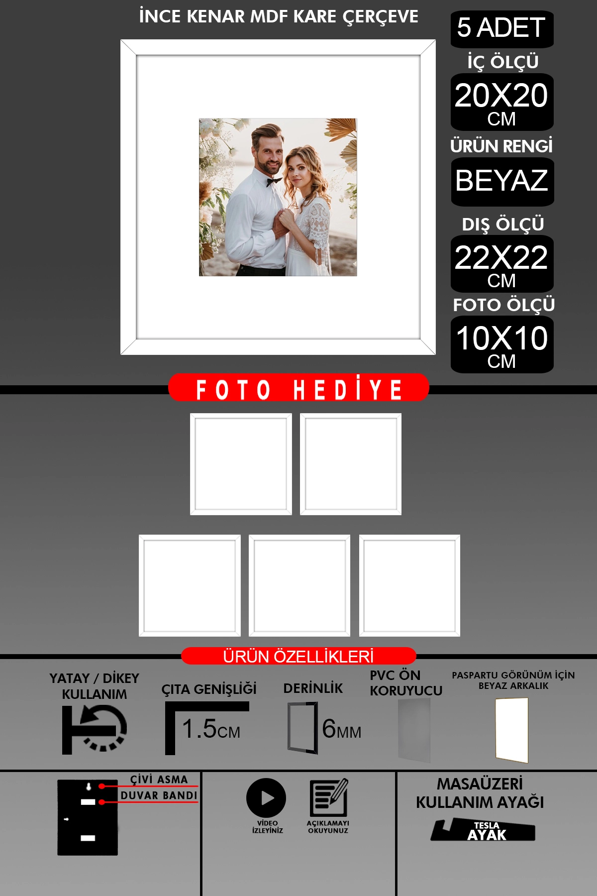 5 Adet 20x20 Çerçeve - İnce Çıtalı Çerçeve - Kare Çerçeve - Fotoğraf Çerçevesi