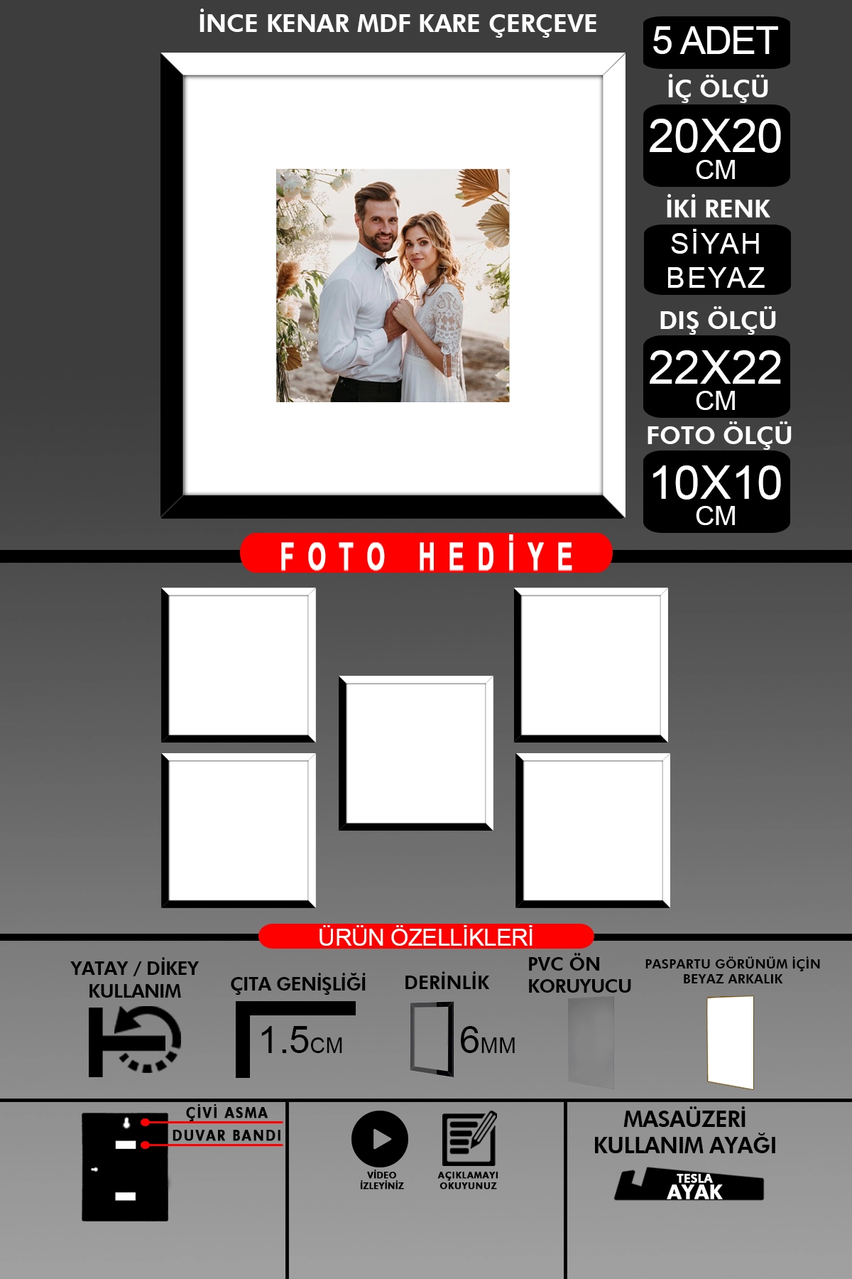 5 Adet 20x20 Çerçeve - İnce Çıtalı Çerçeve - Kare Çerçeve - Fotoğraf Çerçevesi