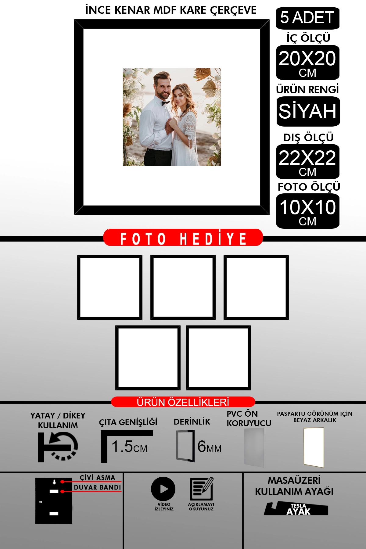 5 Adet 20x20 Çerçeve - İnce Çıtalı Çerçeve - Kare Çerçeve - Fotoğraf Çerçevesi