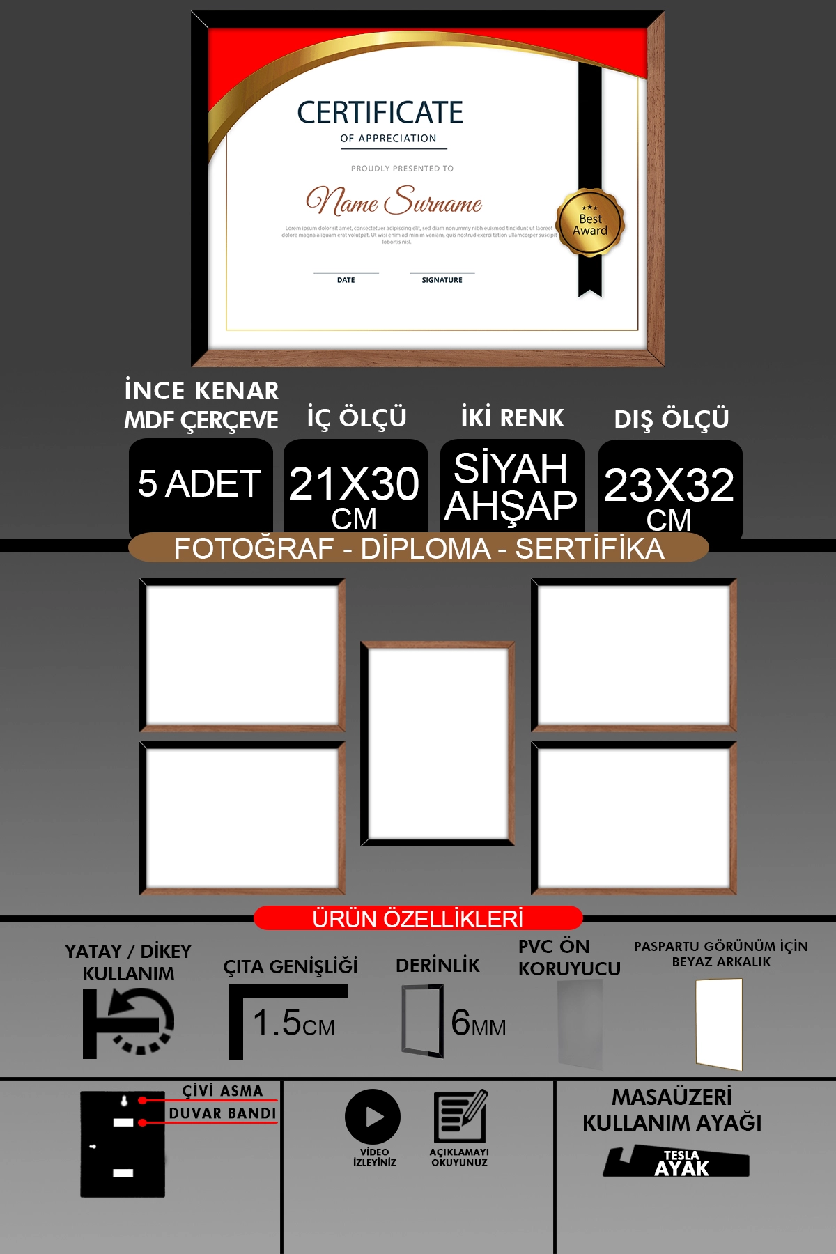 5 Adet 21x30 Çerçeve - İnce Çıtalı A4 Çerçeve - Fotoğraf Sertifika Çerçevesi