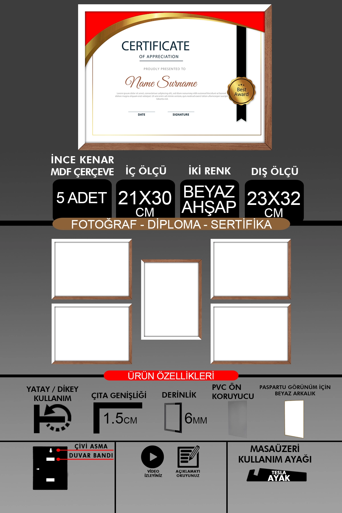 5 Adet 21x30 Çerçeve - İnce Çıtalı A4 Çerçeve - Fotoğraf Sertifika Çerçevesi