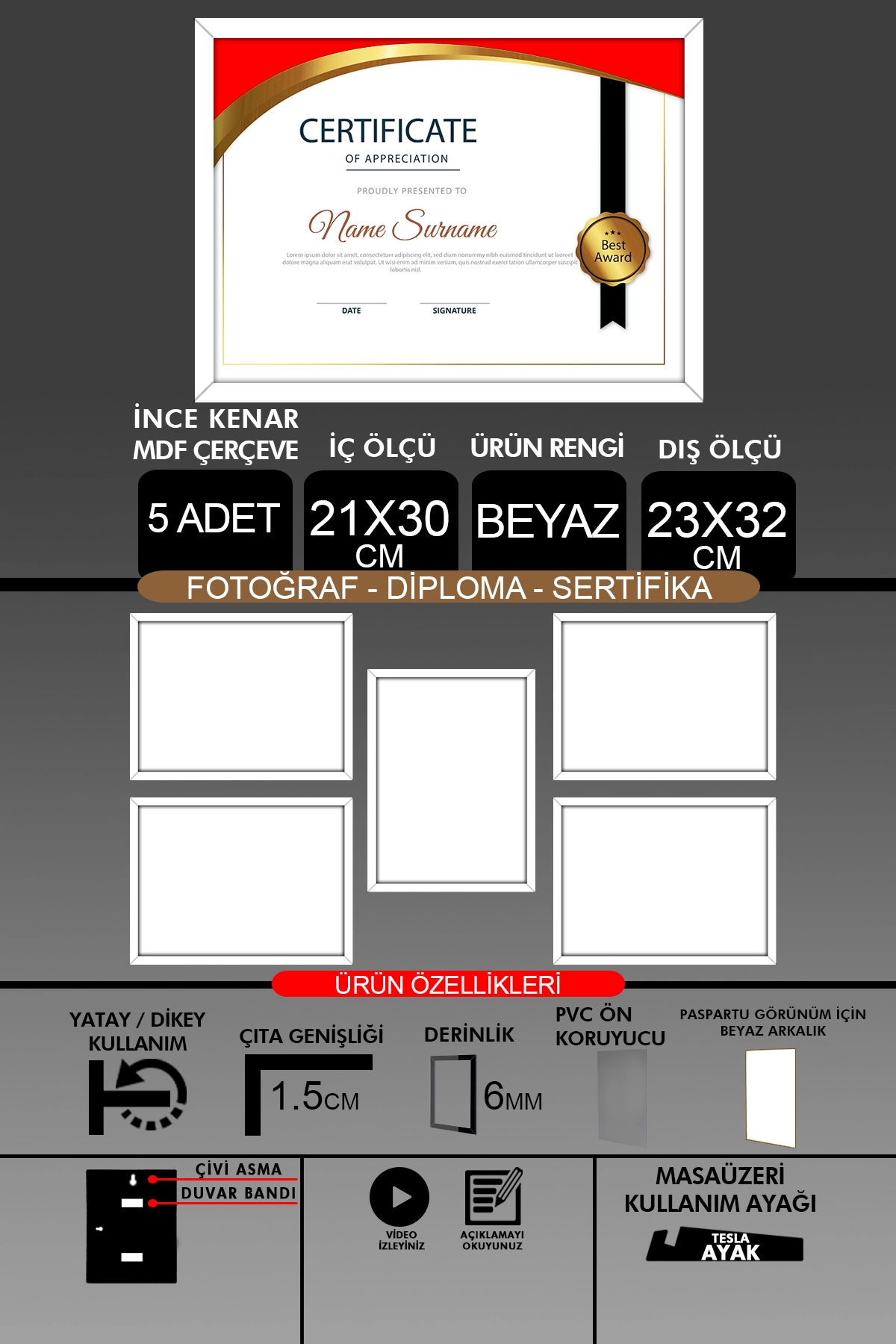 5 Adet 21x30 Çerçeve - İnce Çıtalı A4 Çerçeve - Fotoğraf Sertifika Çerçevesi