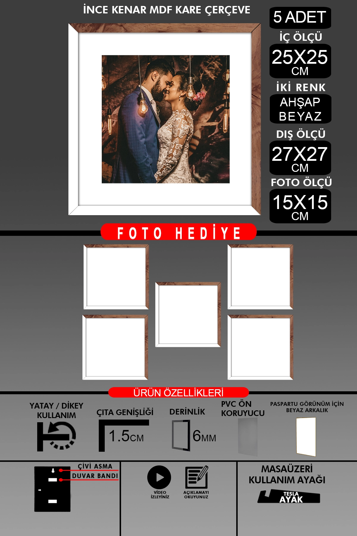 5 Adet 25x25 Çerçeve - İnce Çıtalı Çerçeve -Kare Çerçeve Fotoğraf Çerçevesi