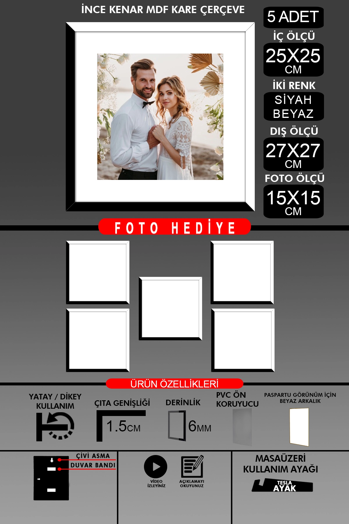 5 Adet 25x25 Çerçeve - İnce Çıtalı Çerçeve -Kare Çerçeve Fotoğraf Çerçevesi