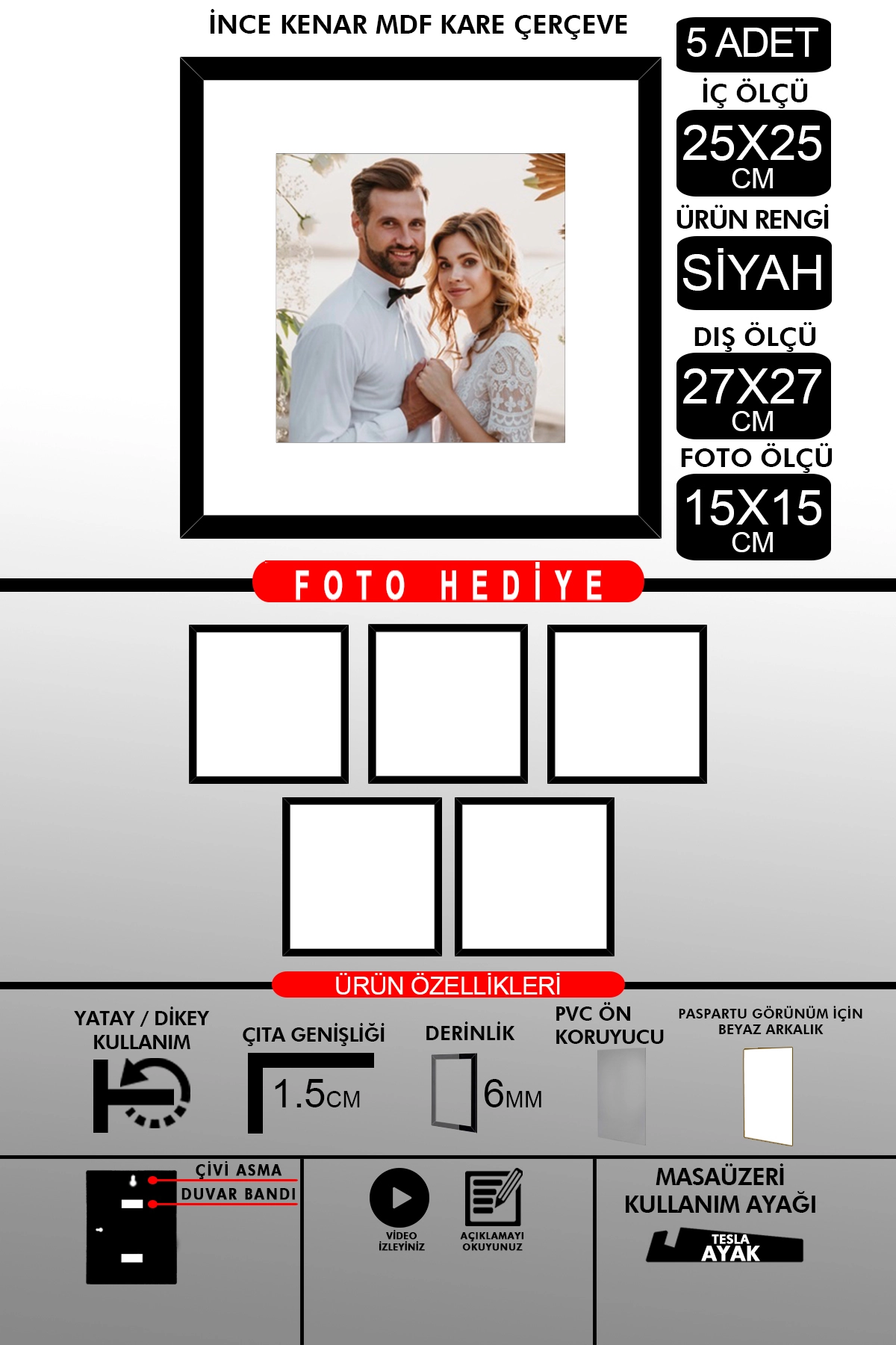 5 Adet 25x25 Çerçeve - İnce Çıtalı Çerçeve -Kare Çerçeve Fotoğraf Çerçevesi