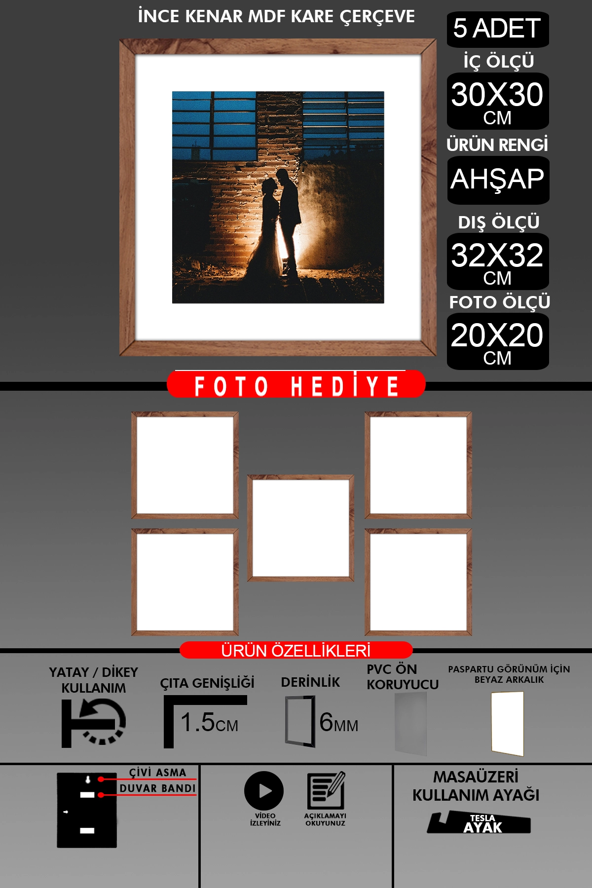 5 Adet 30x30 Çerçeve - İnce Çıtalı Çerçeve -Kare Çerçeve - Fotoğraf Çerçevesi
