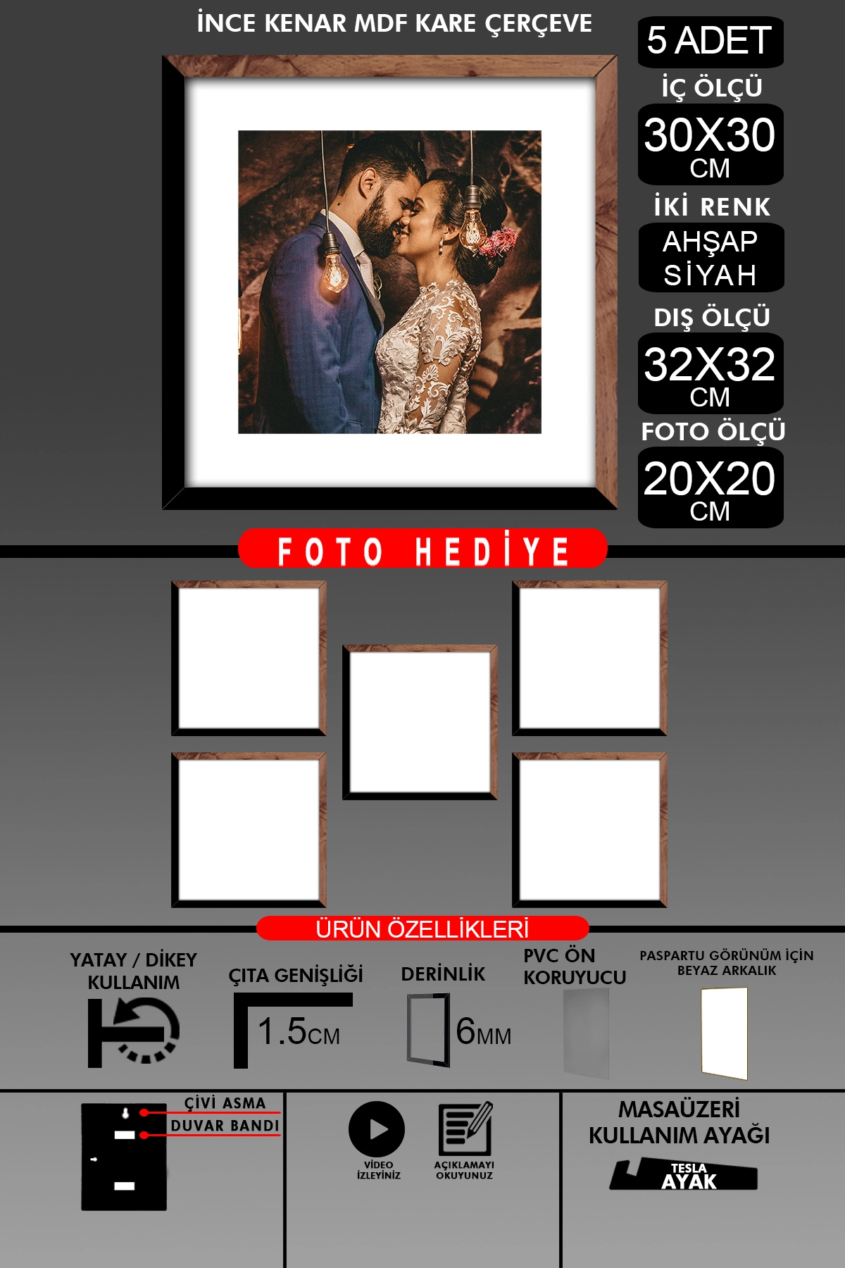 5 Adet 30x30 Çerçeve - İnce Çıtalı Çerçeve -Kare Çerçeve - Fotoğraf Çerçevesi