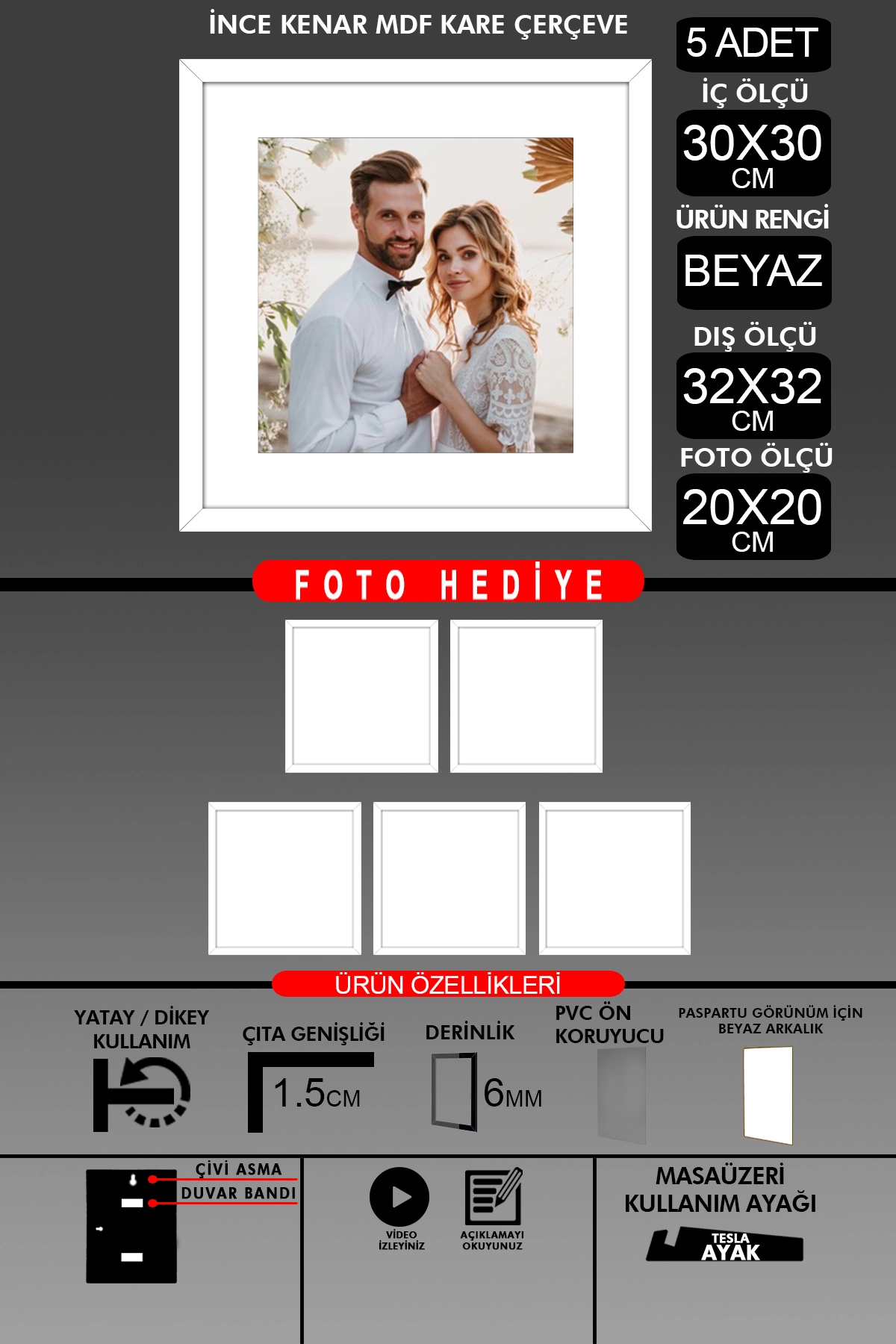 5 Adet 30x30 Çerçeve - İnce Çıtalı Çerçeve -Kare Çerçeve - Fotoğraf Çerçevesi
