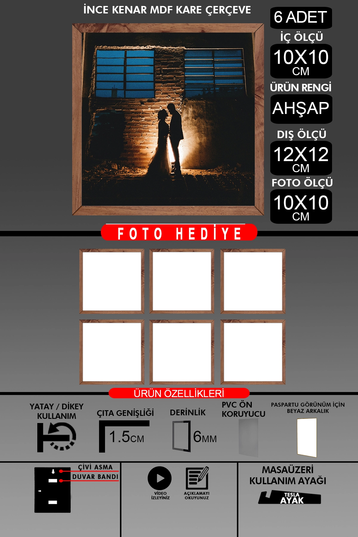 6 Adet 10X10 Çerçeve - İnce Çıtalı Çerçeve - Kare Çerçeve - Fotoğraf Çerçevesi