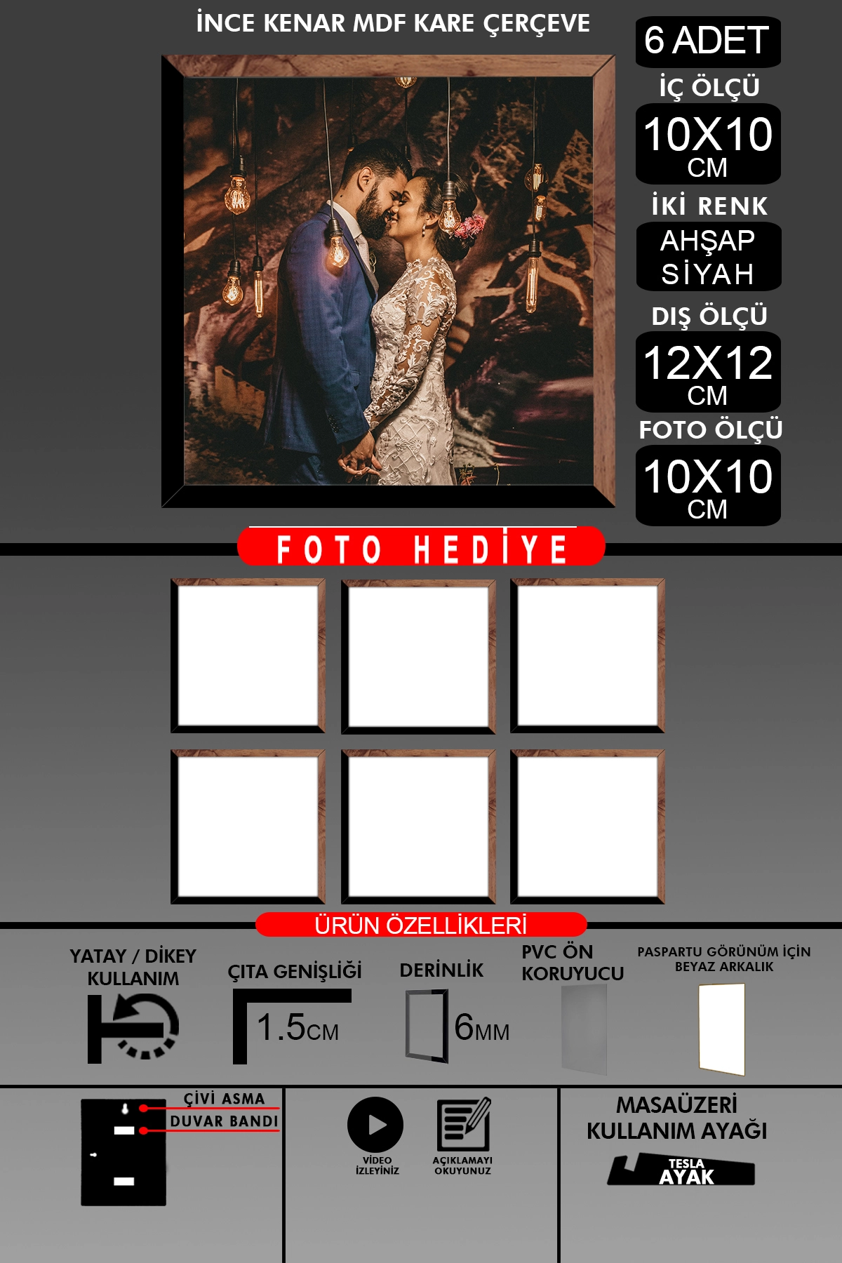 6 Adet 10X10 Çerçeve - İnce Çıtalı Çerçeve - Kare Çerçeve - Fotoğraf Çerçevesi