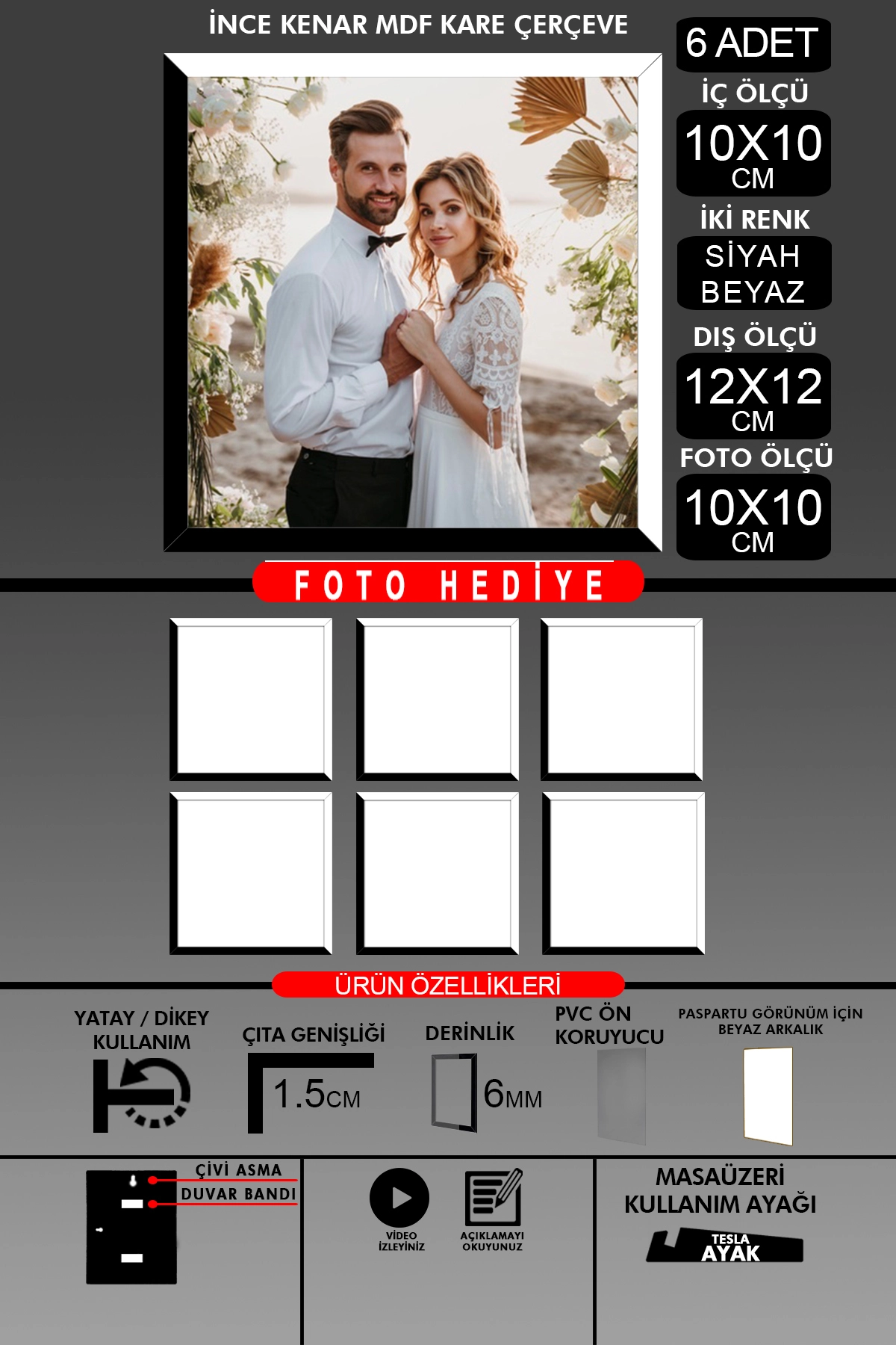 6 Adet 10X10 Çerçeve - İnce Çıtalı Çerçeve - Kare Çerçeve - Fotoğraf Çerçevesi