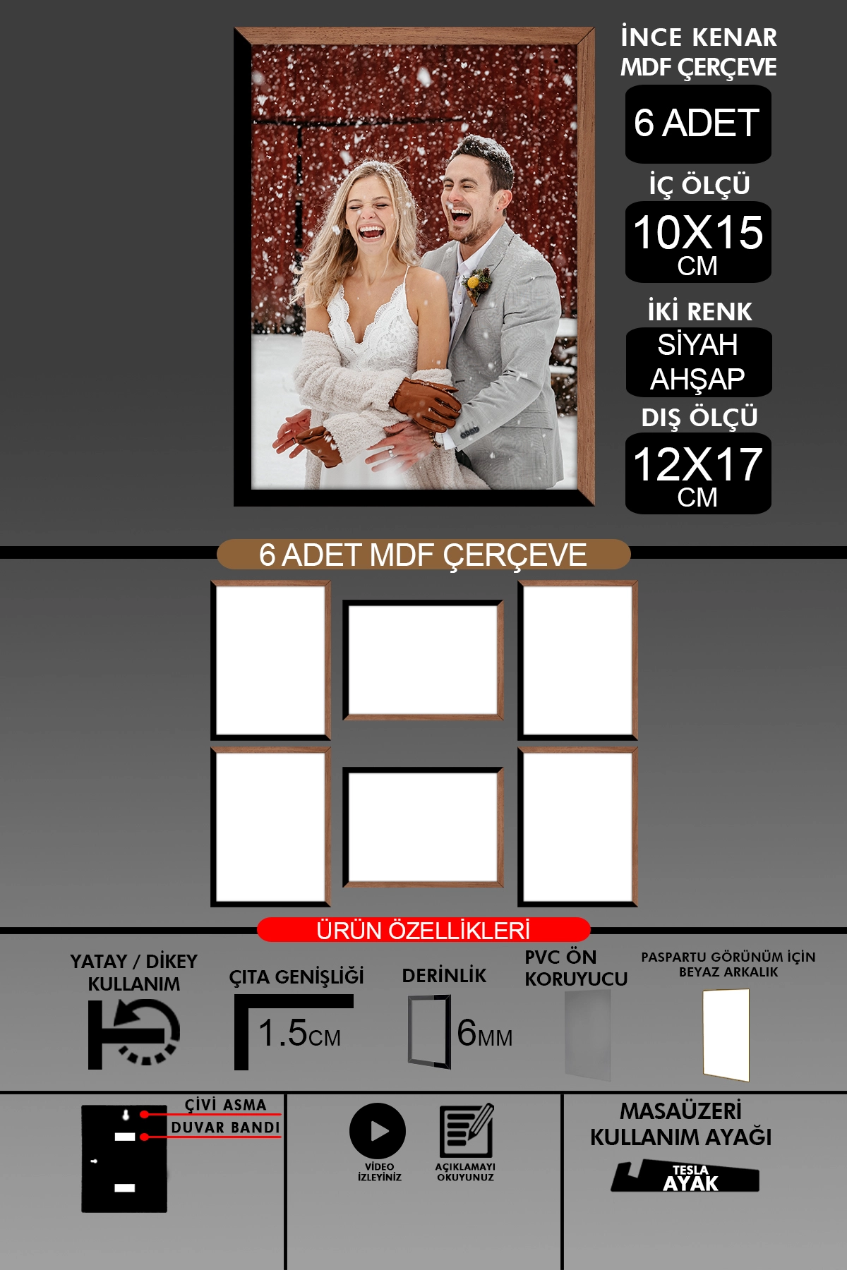 6 Adet 10x15 Çerçeve - İnce Çıtalı Çerçeve- 6mm Çerçeve Fotoğraf Çerçevesi