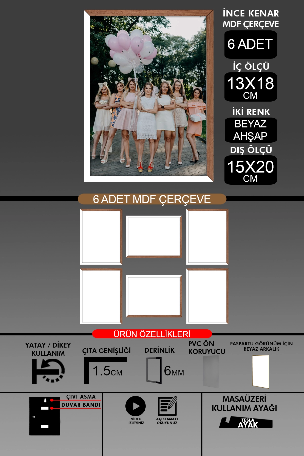 6 Adet 13x18 Çerçeve - İnce Çıtalı Çerçeve- 6mm Çerçeve Fotoğraf Çerçevesi