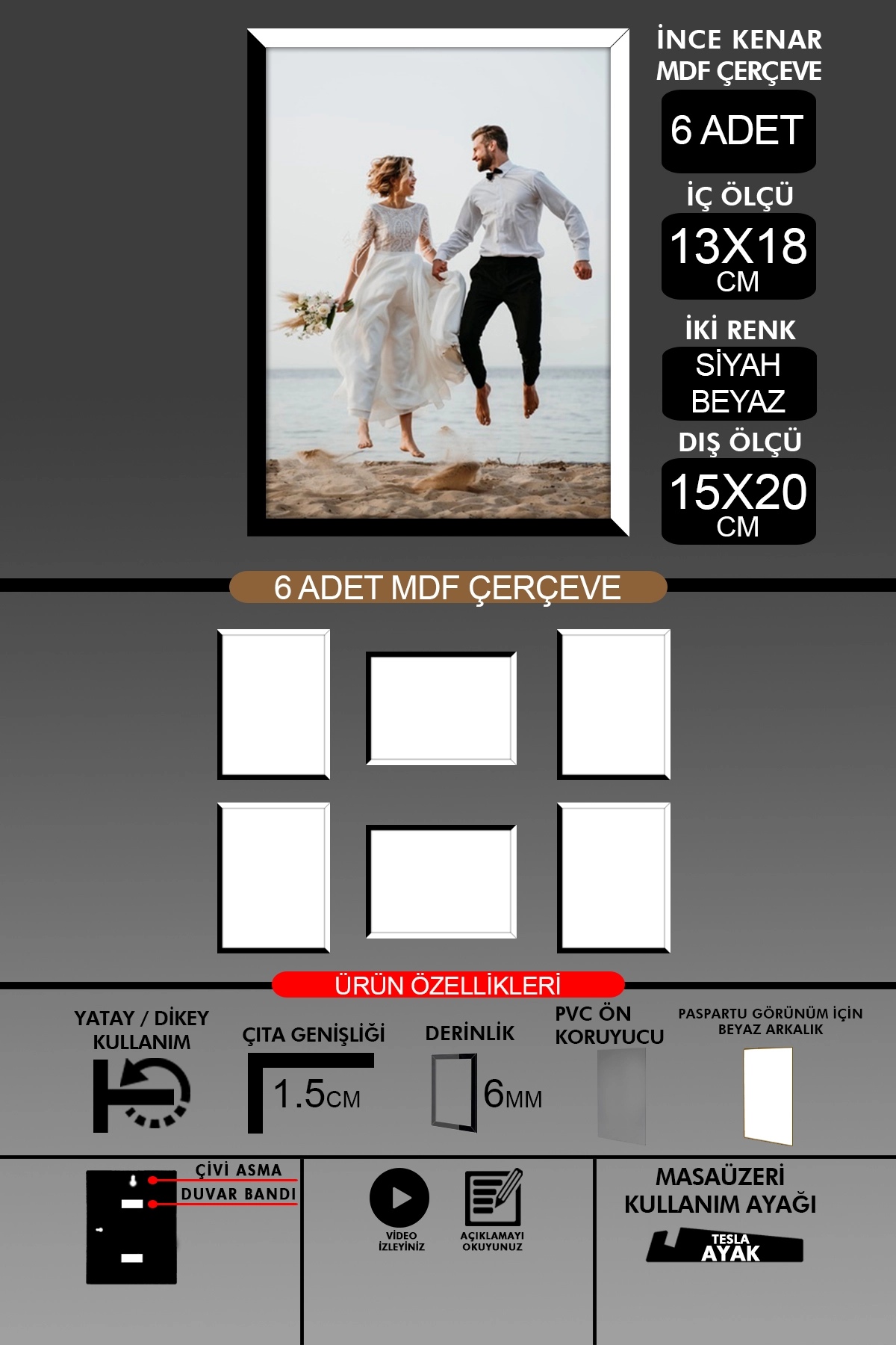 6 Adet 13x18 Çerçeve - İnce Çıtalı Çerçeve- 6mm Çerçeve Fotoğraf Çerçevesi