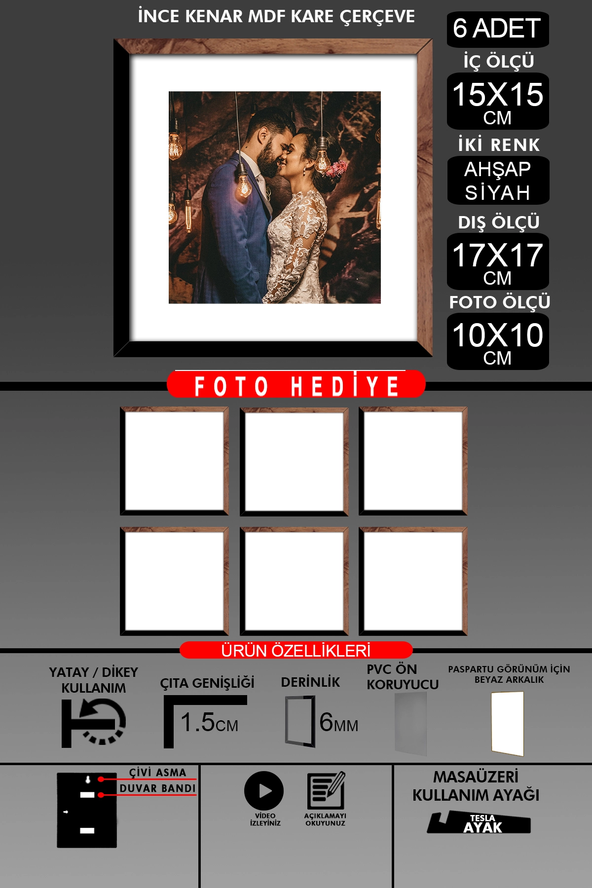 6 Adet 15x15 Çerçeve - İnce Çıtalı Çerçeve - Kare Çerçeve - Fotoğraf Çerçevesi