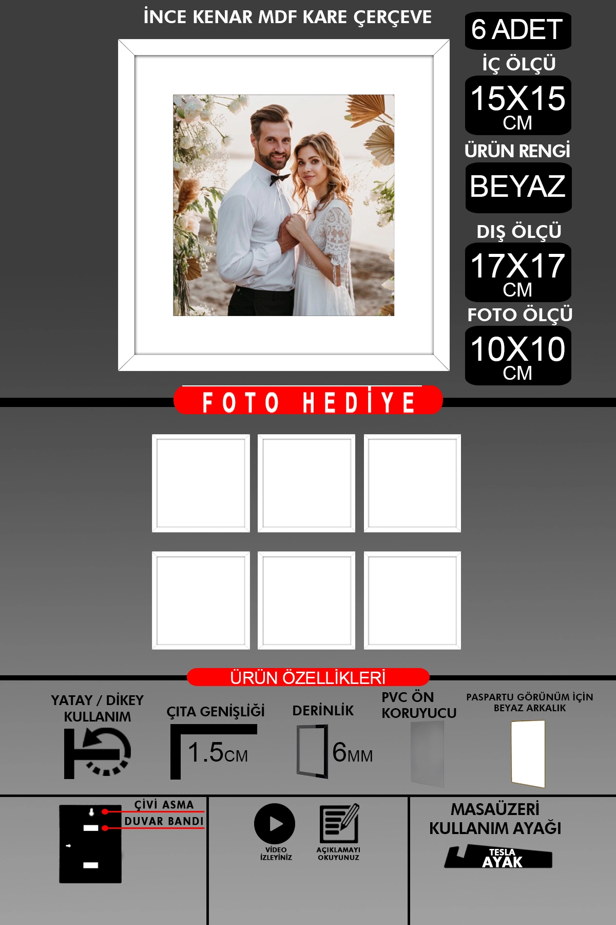 6 Adet 15x15 Çerçeve - İnce Çıtalı Çerçeve - Kare Çerçeve - Fotoğraf Çerçevesi