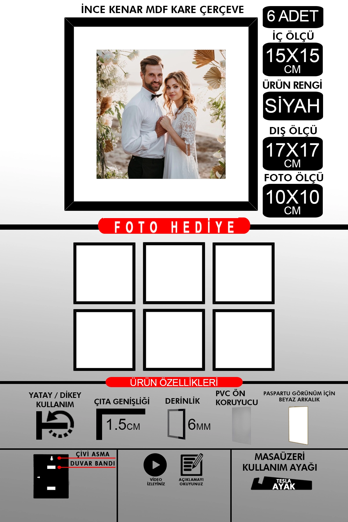 6 Adet 15x15 Çerçeve - İnce Çıtalı Çerçeve - Kare Çerçeve - Fotoğraf Çerçevesi
