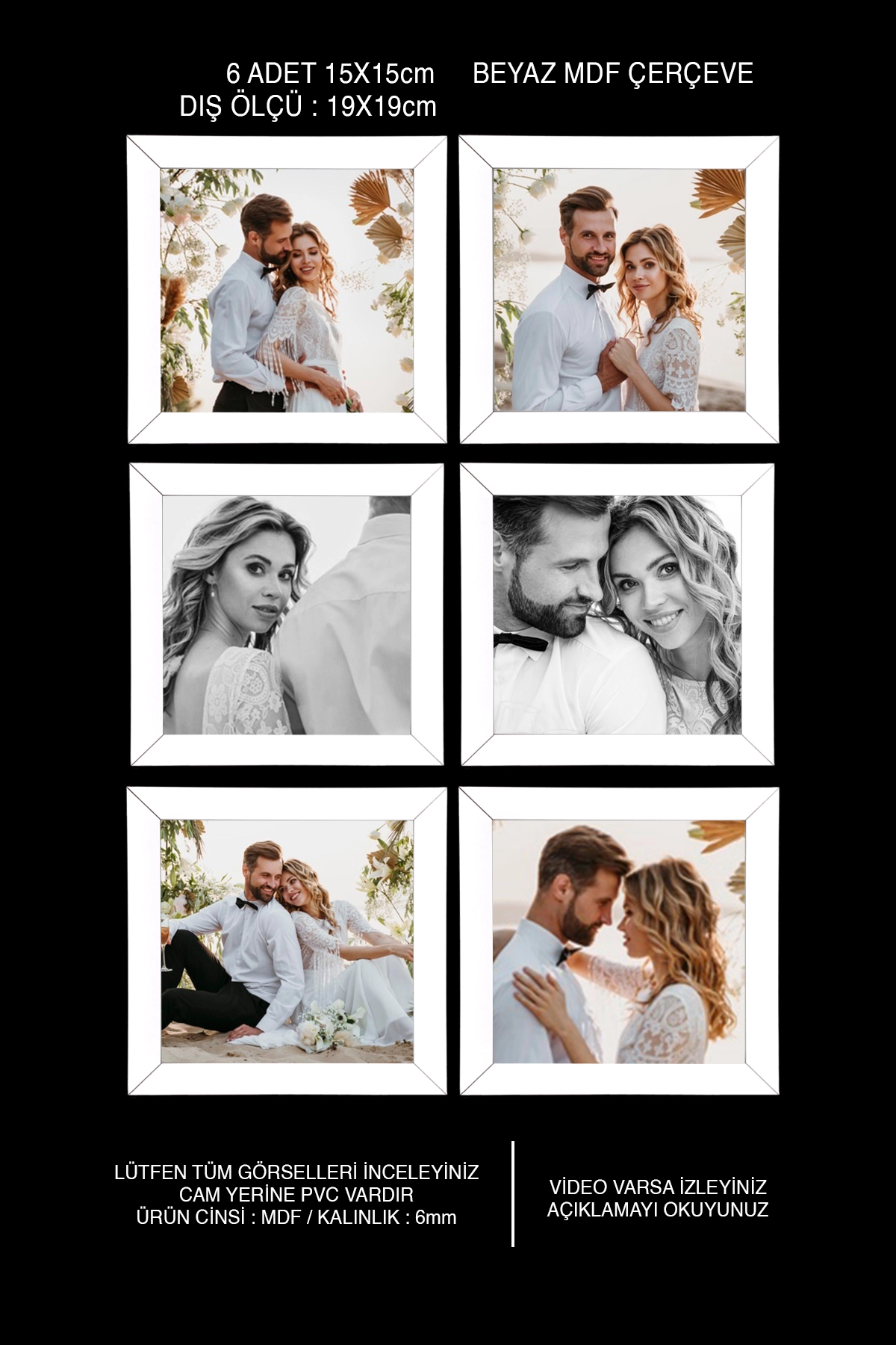 6 ADET 15x15 MDF ÇERÇEVE - KARE ÇERÇEVE Fotoğraf Çerçevesi