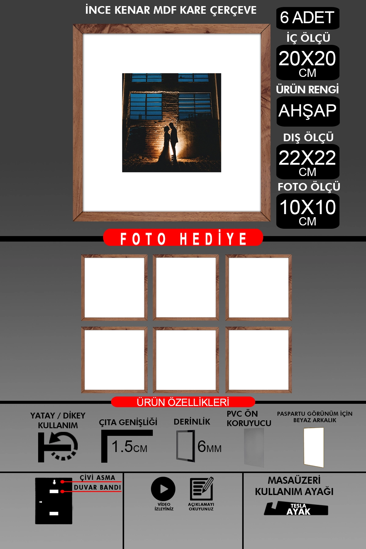 6 Adet 20x20 Çerçeve - İnce Çıtalı Çerçeve - Kare Çerçeve - Fotoğraf Çerçevesi